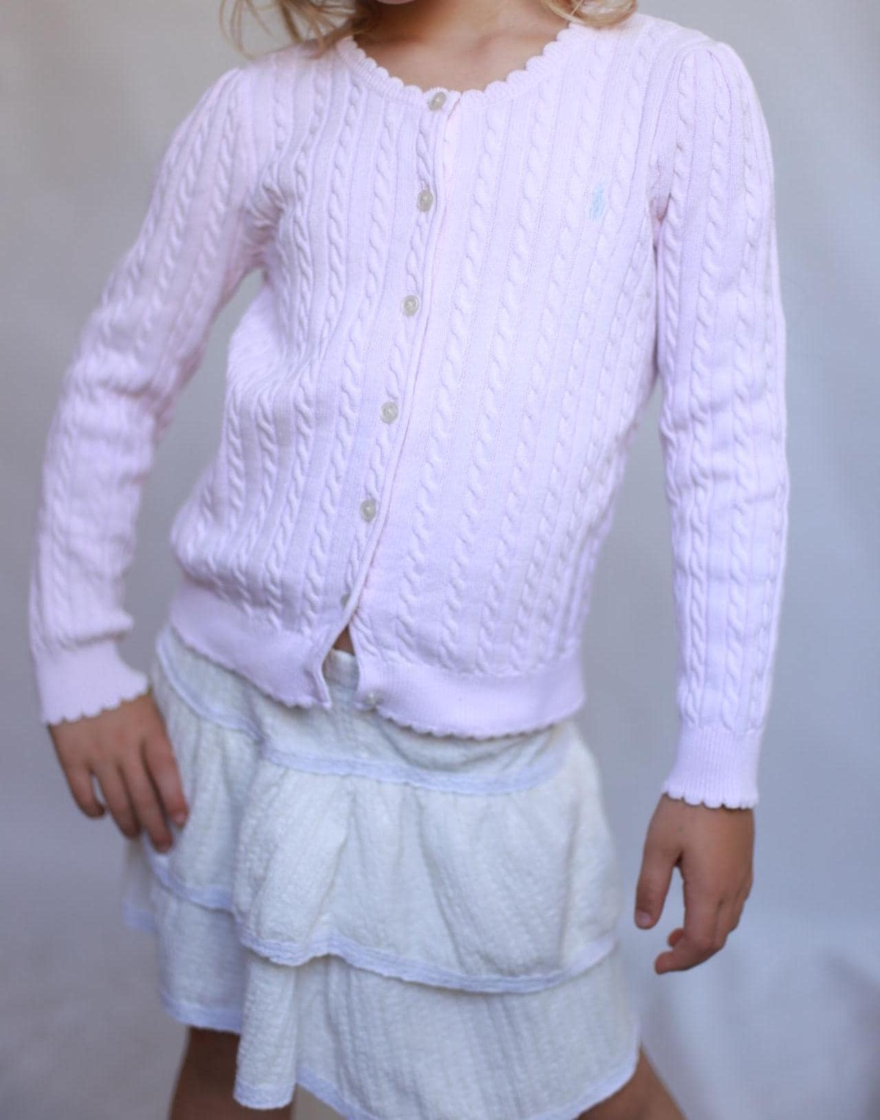 Polo Ralph Lauren light pink sweater, classic fit, cable knit texture, casual feminine, US 6 kids, versatile wear