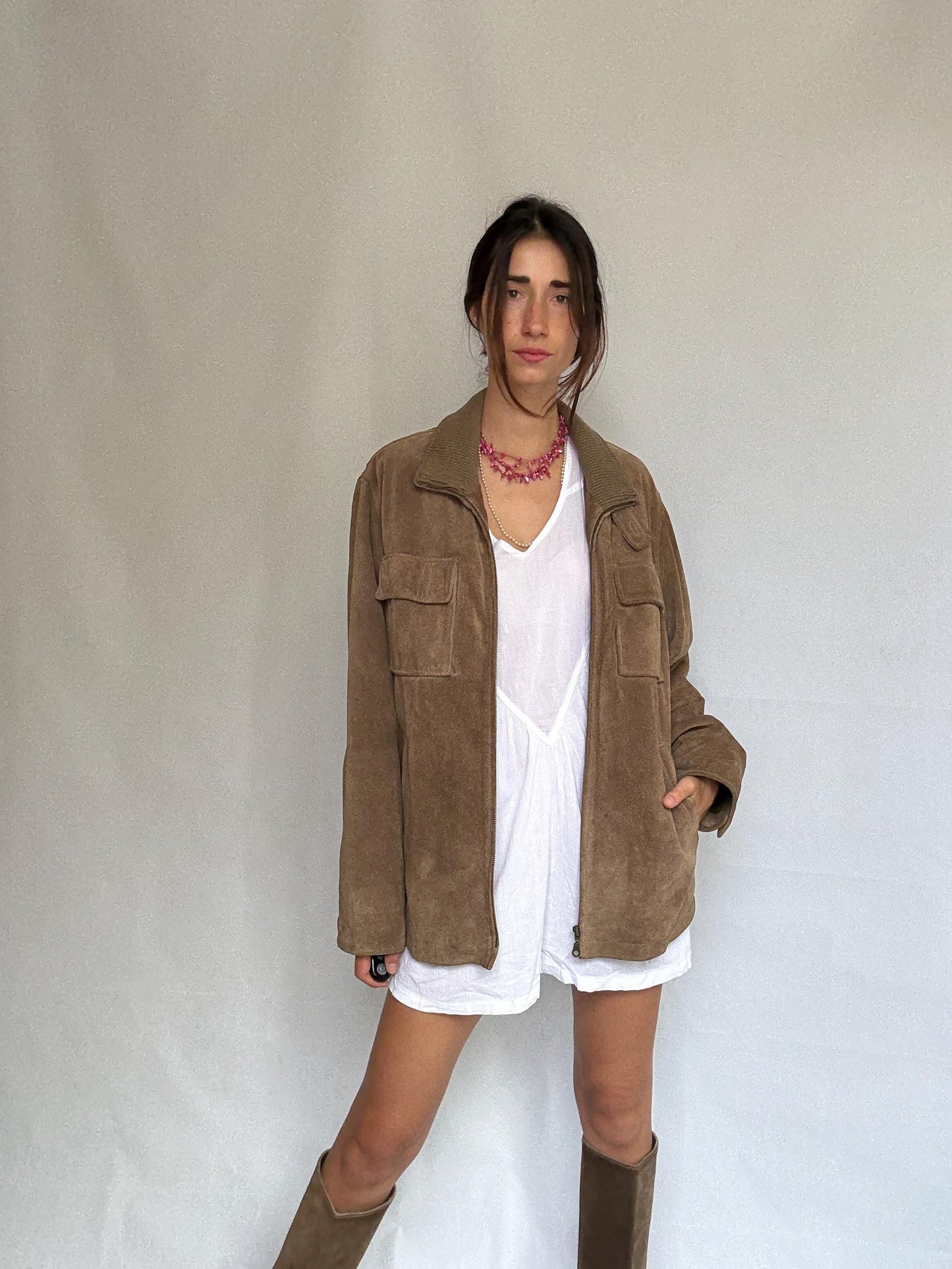 Vintage taupe suede jacket, genuine leather, relaxed fit, zipper closure, chest pockets, retro 90s style, unisex, US XL, casual streetwear