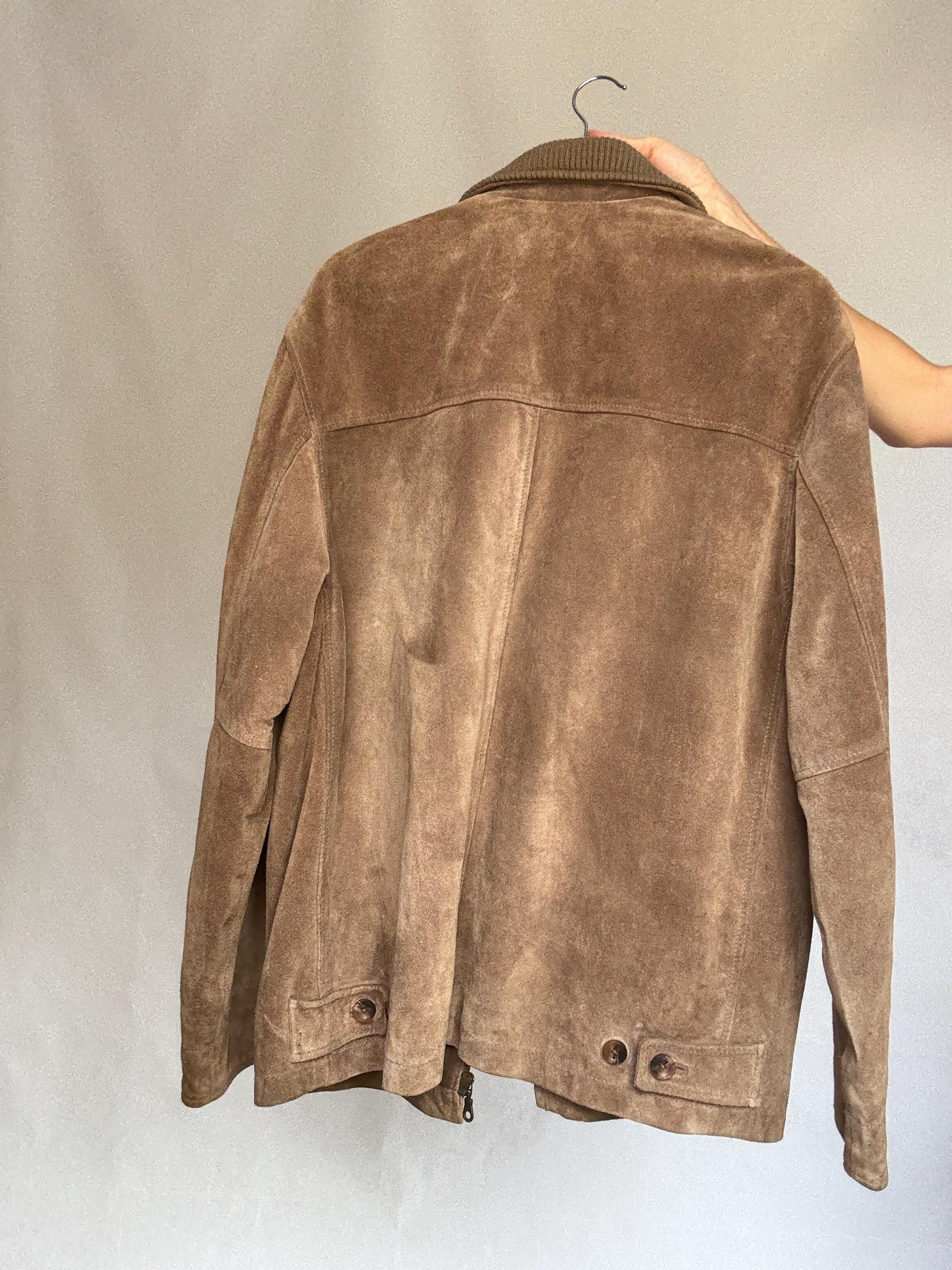 Vintage taupe suede jacket, genuine leather, relaxed fit, zipper closure, chest pockets, retro 90s style, unisex, US XL, casual streetwear