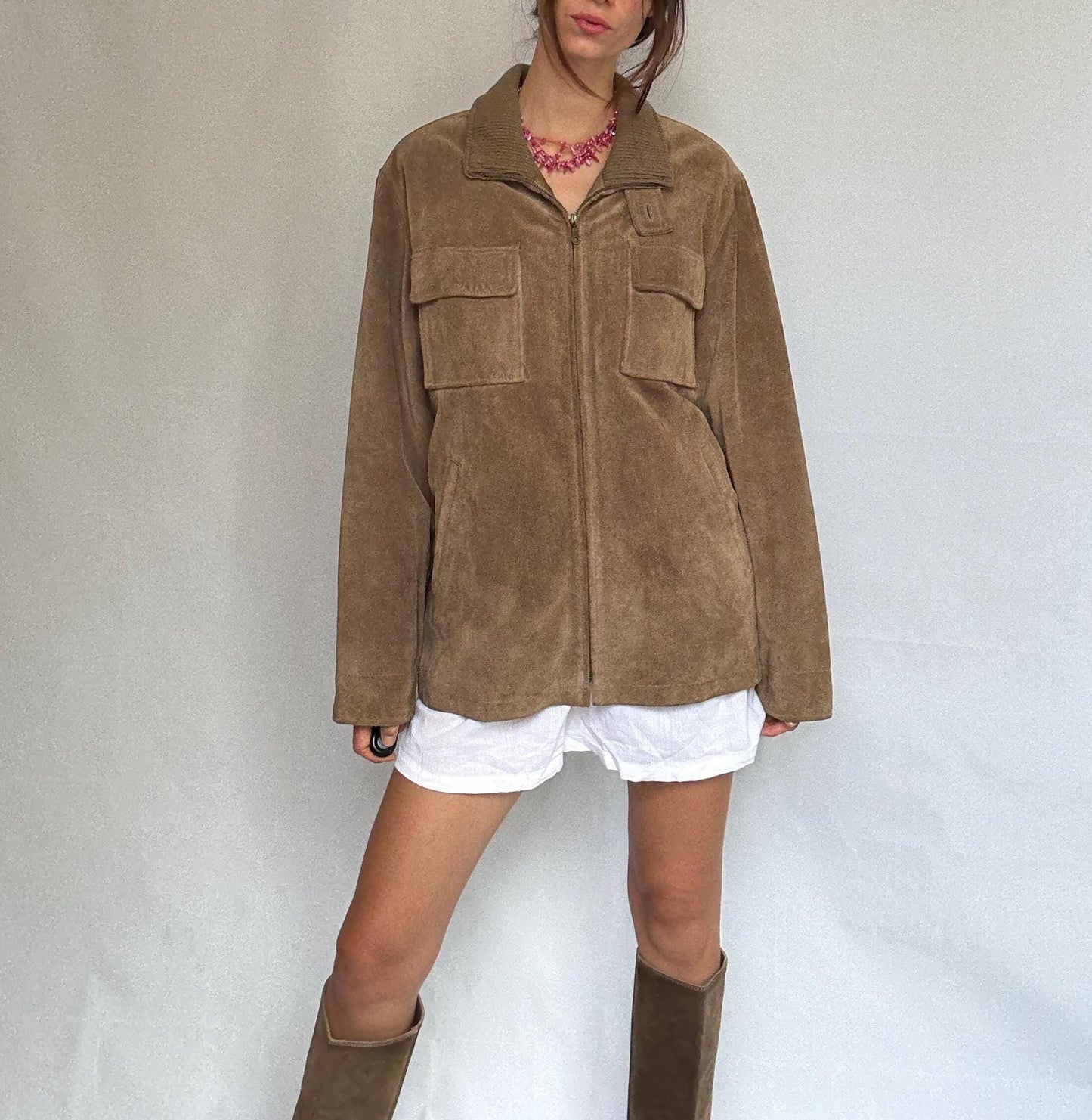 Vintage taupe suede jacket, genuine leather, relaxed fit, zipper closure, chest pockets, retro 90s style, unisex, US XL, casual streetwear