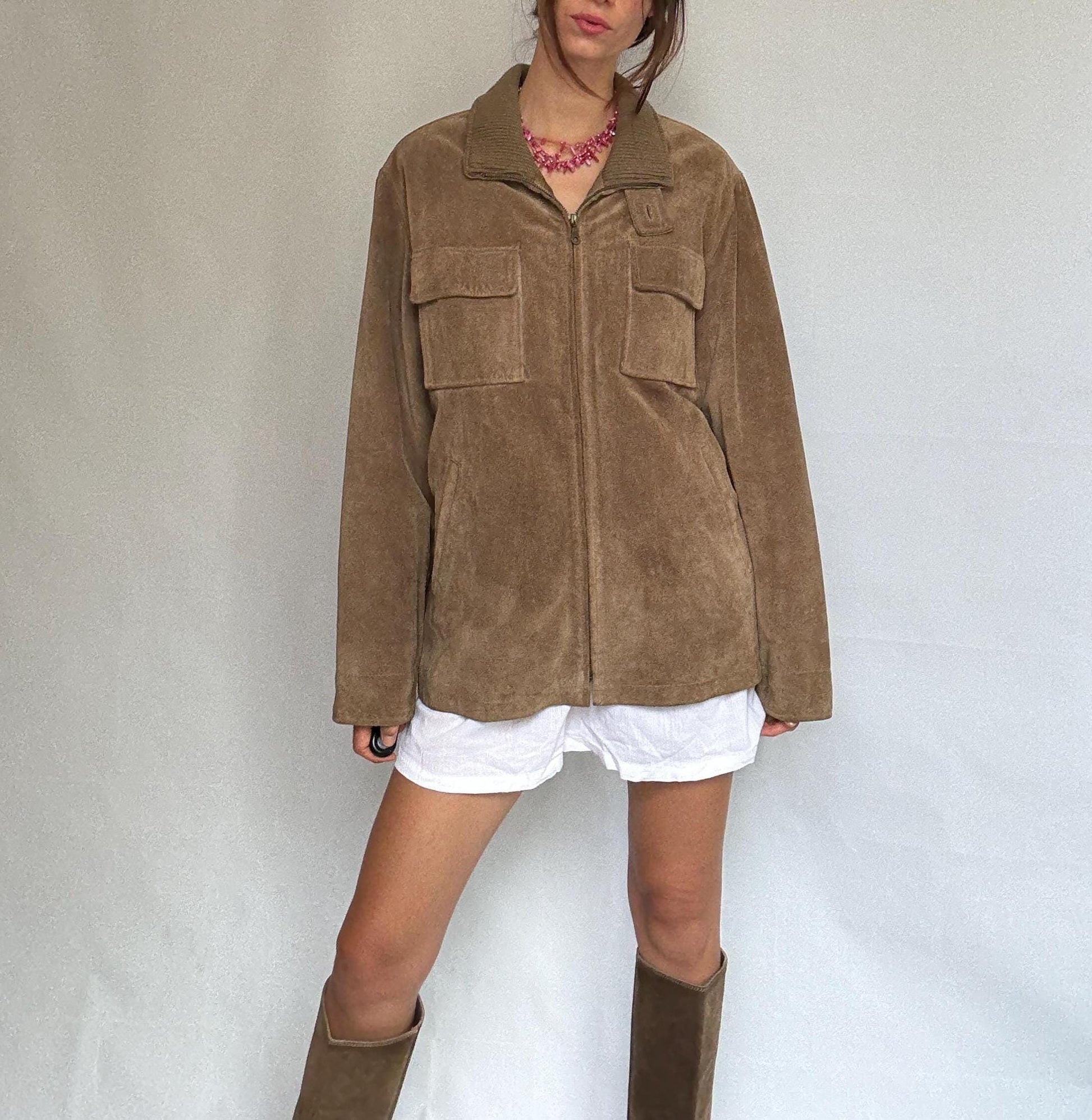 Vintage taupe suede jacket, genuine leather, relaxed fit, zipper closure, chest pockets, retro 90s style, unisex, US XL, casual streetwear