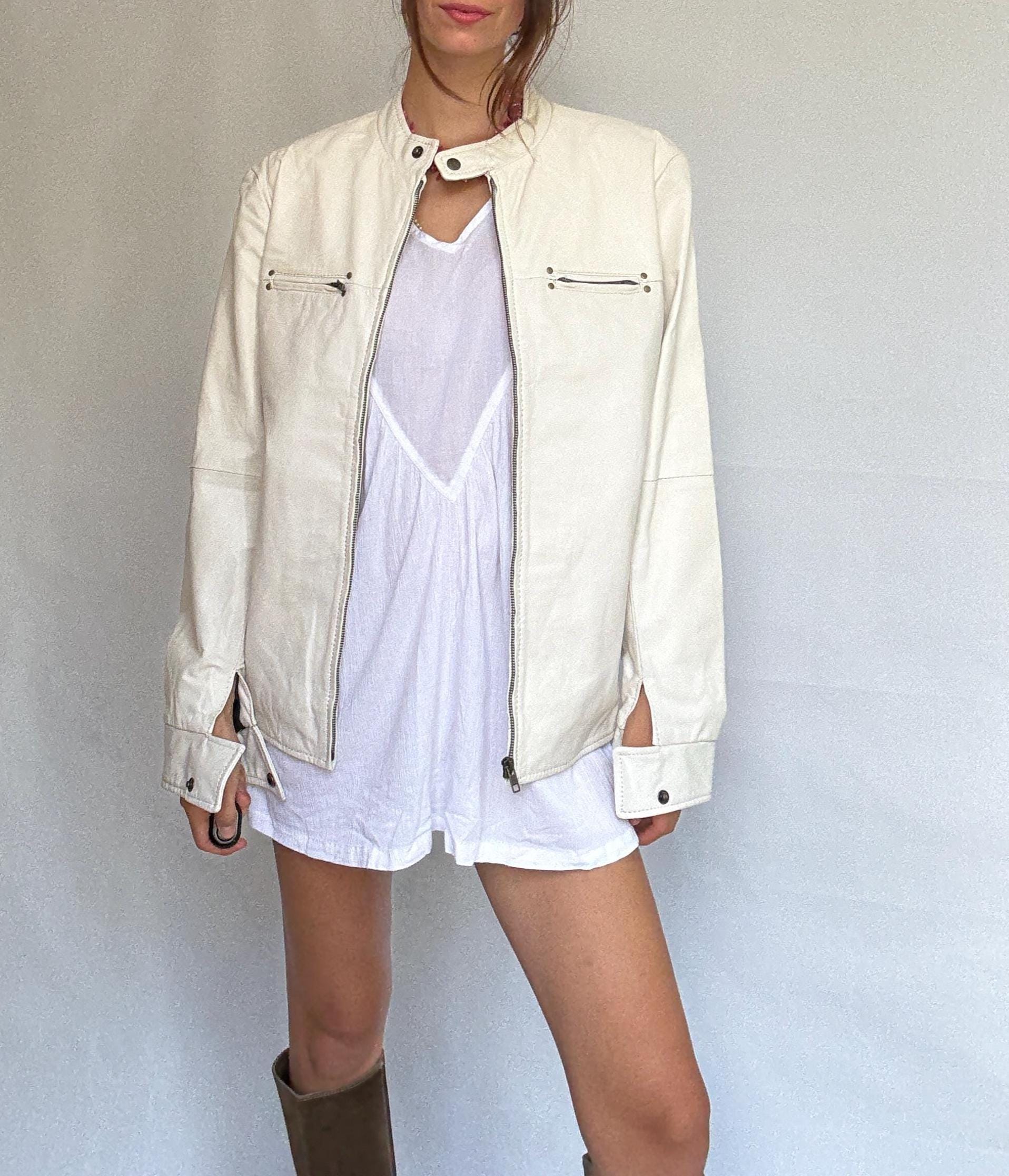 White leather jacket, genuine goat leather, minimalist design, high collar, zippered pockets, streetwear Rooney Mara, Men US L