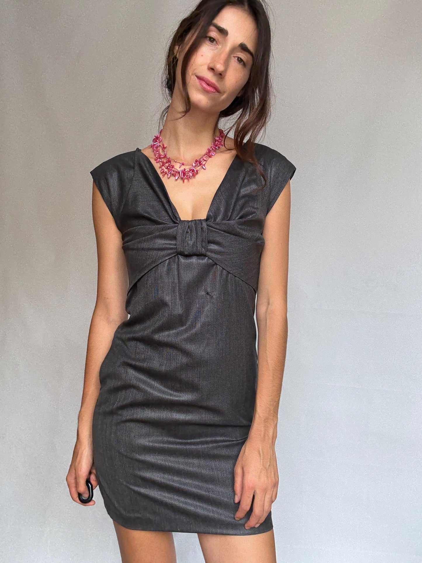 Paul & Joe Sister charcoal wool dress, fitted silhouette, front knot detail, elegant Rooney Mara vibe, US S, office evening wear