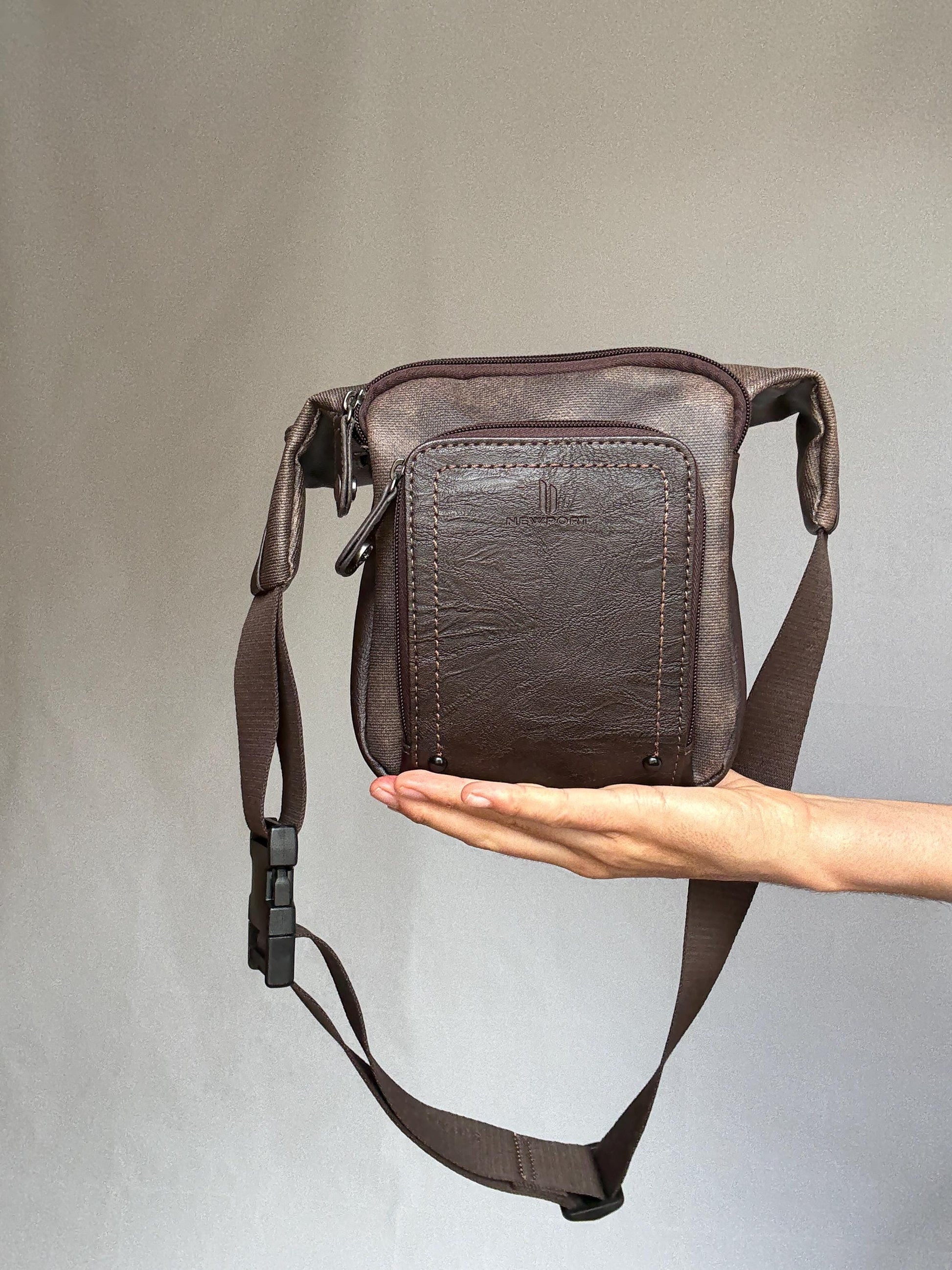 Brown leather crossbody belt bag, adjustable strap, double zip, versatile casual use fanny pack
