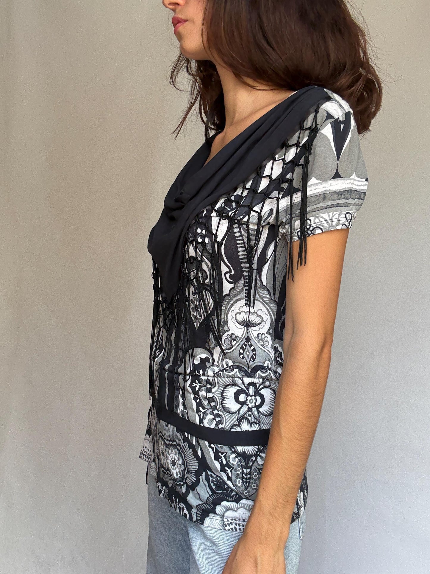 Desigual black white gray patterned blouse, cotton feel, relaxed fit, fringed scarf, bohemian artistic, US XL, casual versatile