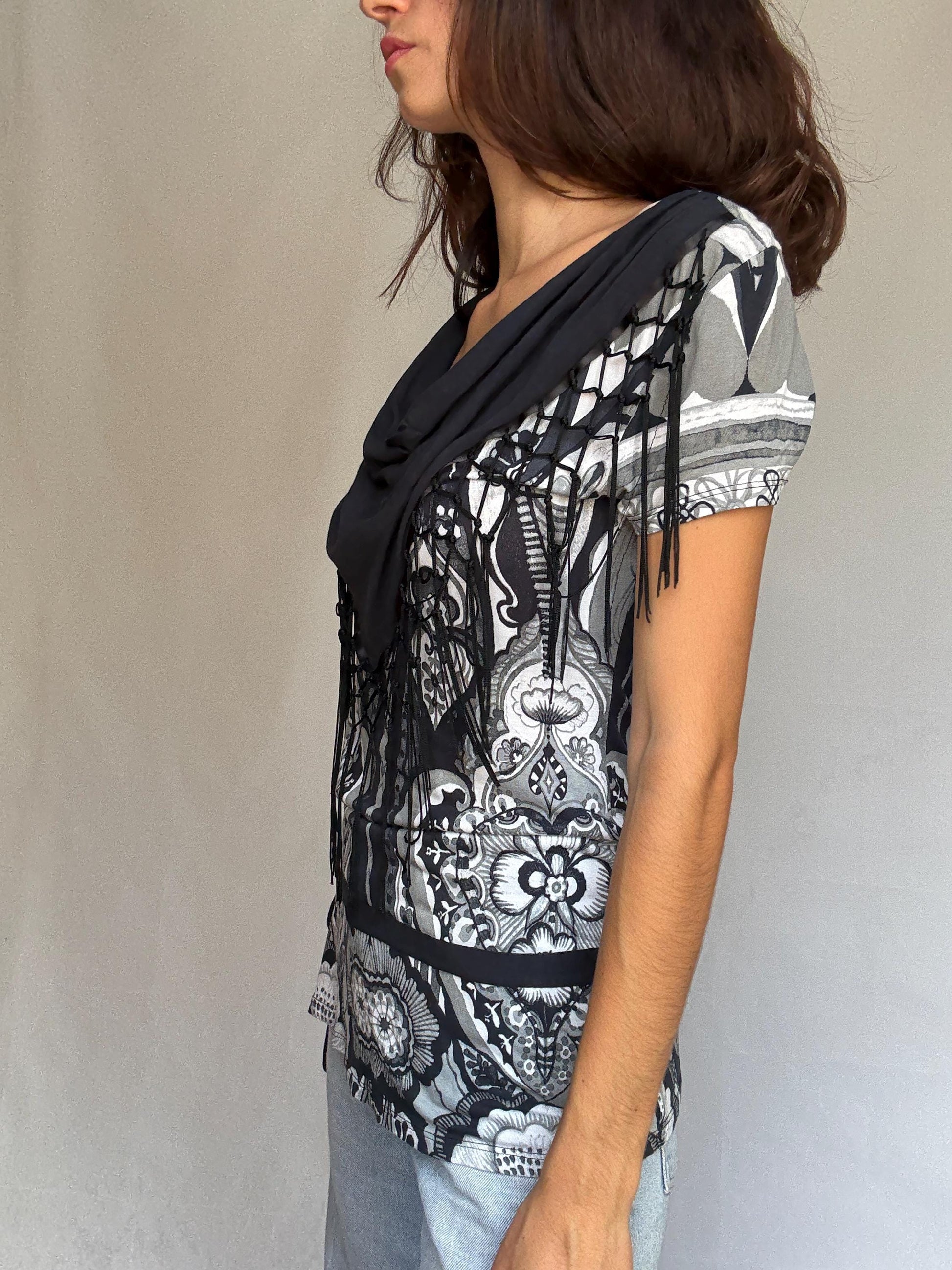 Desigual black white gray patterned blouse, cotton feel, relaxed fit, fringed scarf, bohemian artistic, US XL, casual versatile