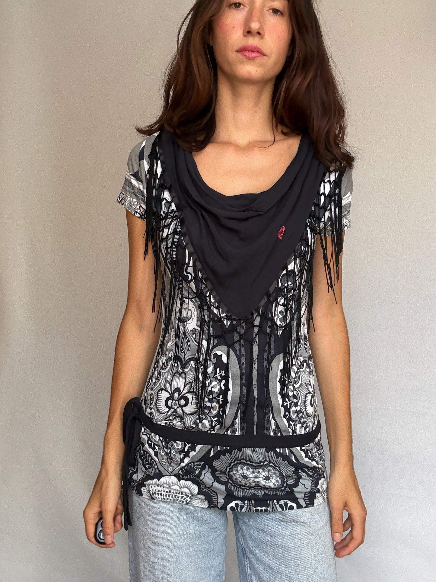 Desigual black white gray patterned blouse, cotton feel, relaxed fit, fringed scarf, bohemian artistic, US XL, casual versatile