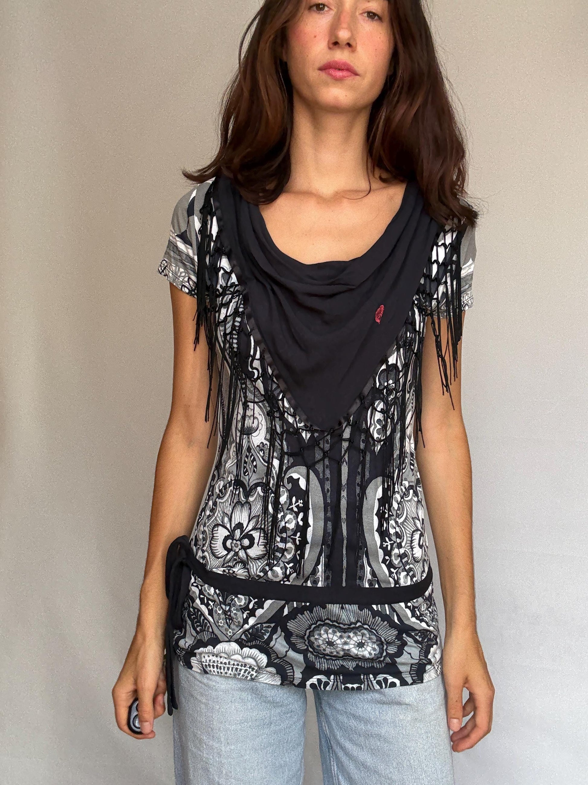 Desigual black white gray patterned blouse, cotton feel, relaxed fit, fringed scarf, bohemian artistic, US XL, casual versatile