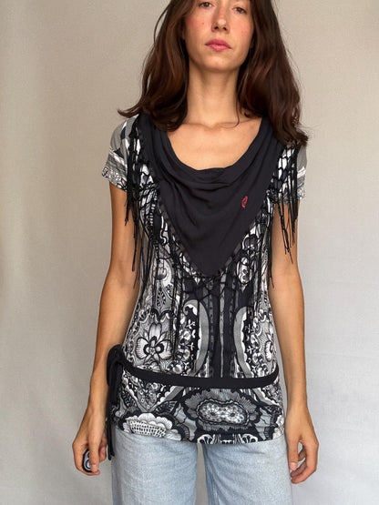 Bohemian Patterned Blouse With Fringed Scarf