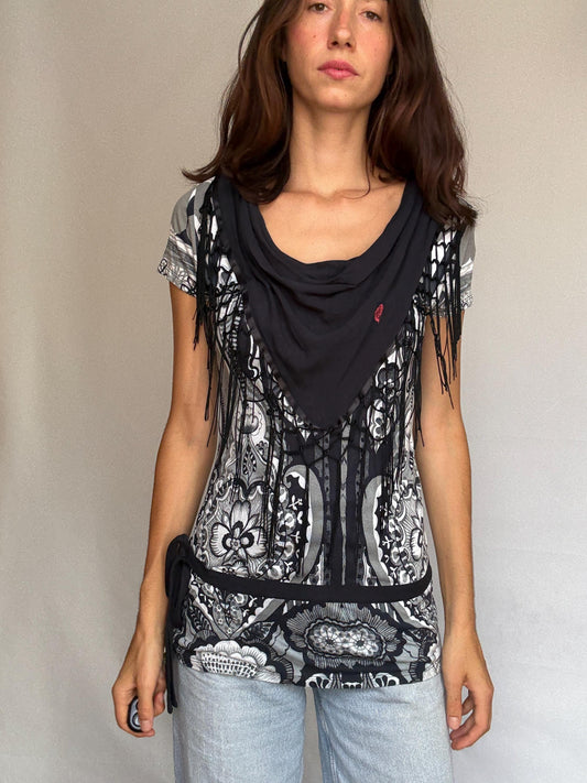 Desigual black white gray patterned blouse, cotton feel, relaxed fit, fringed scarf, bohemian artistic, US XL, casual versatile