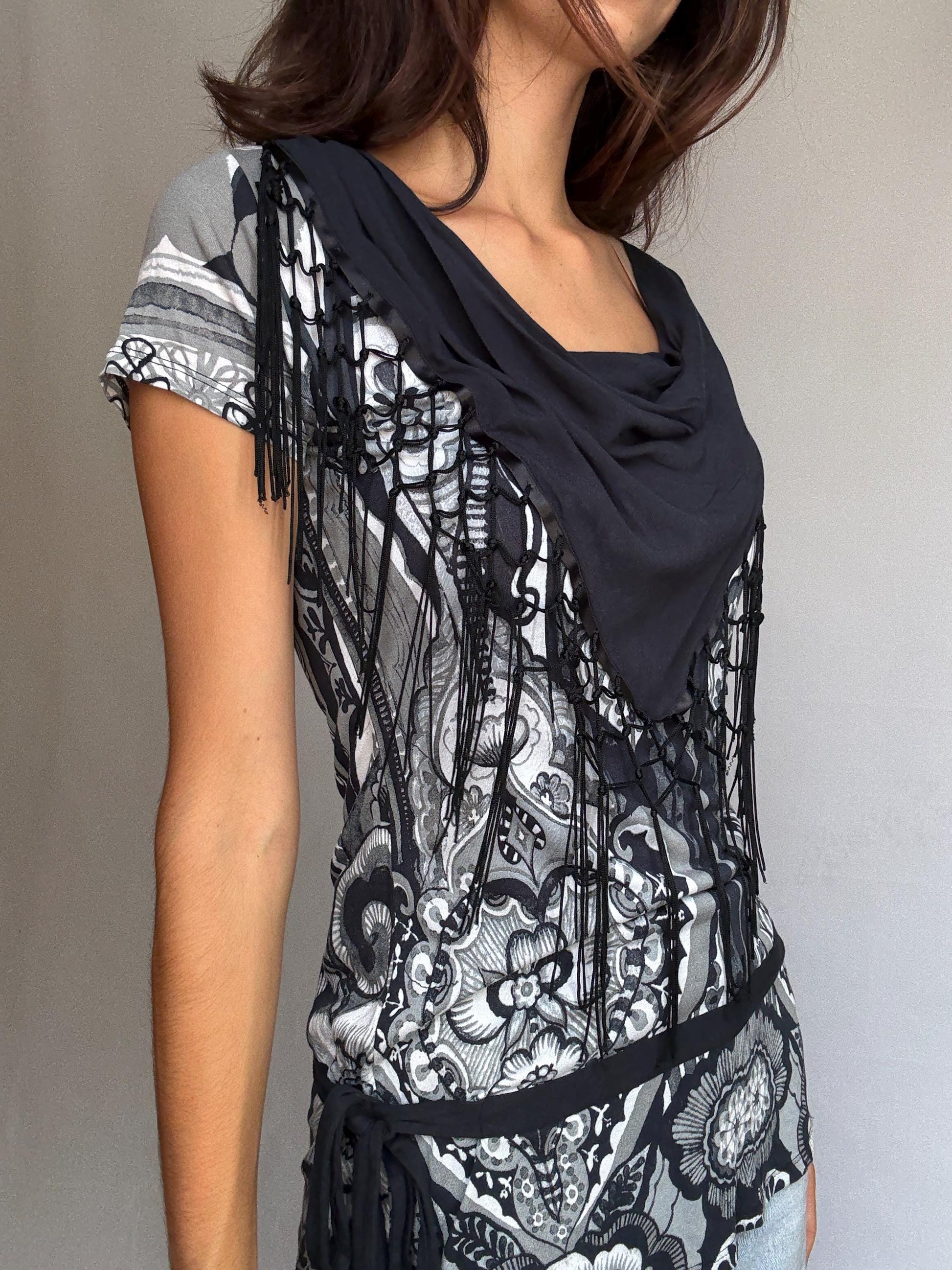 Desigual black white gray patterned blouse, cotton feel, relaxed fit, fringed scarf, bohemian artistic, US XL, casual versatile