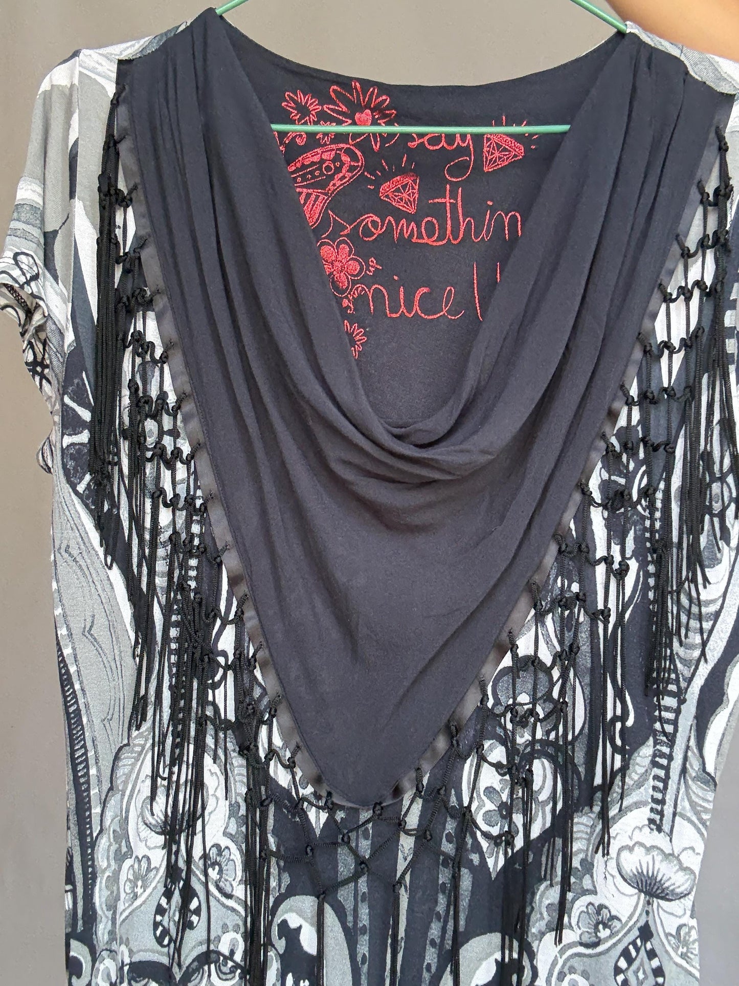 Desigual black white gray patterned blouse, cotton feel, relaxed fit, fringed scarf, bohemian artistic, US XL, casual versatile
