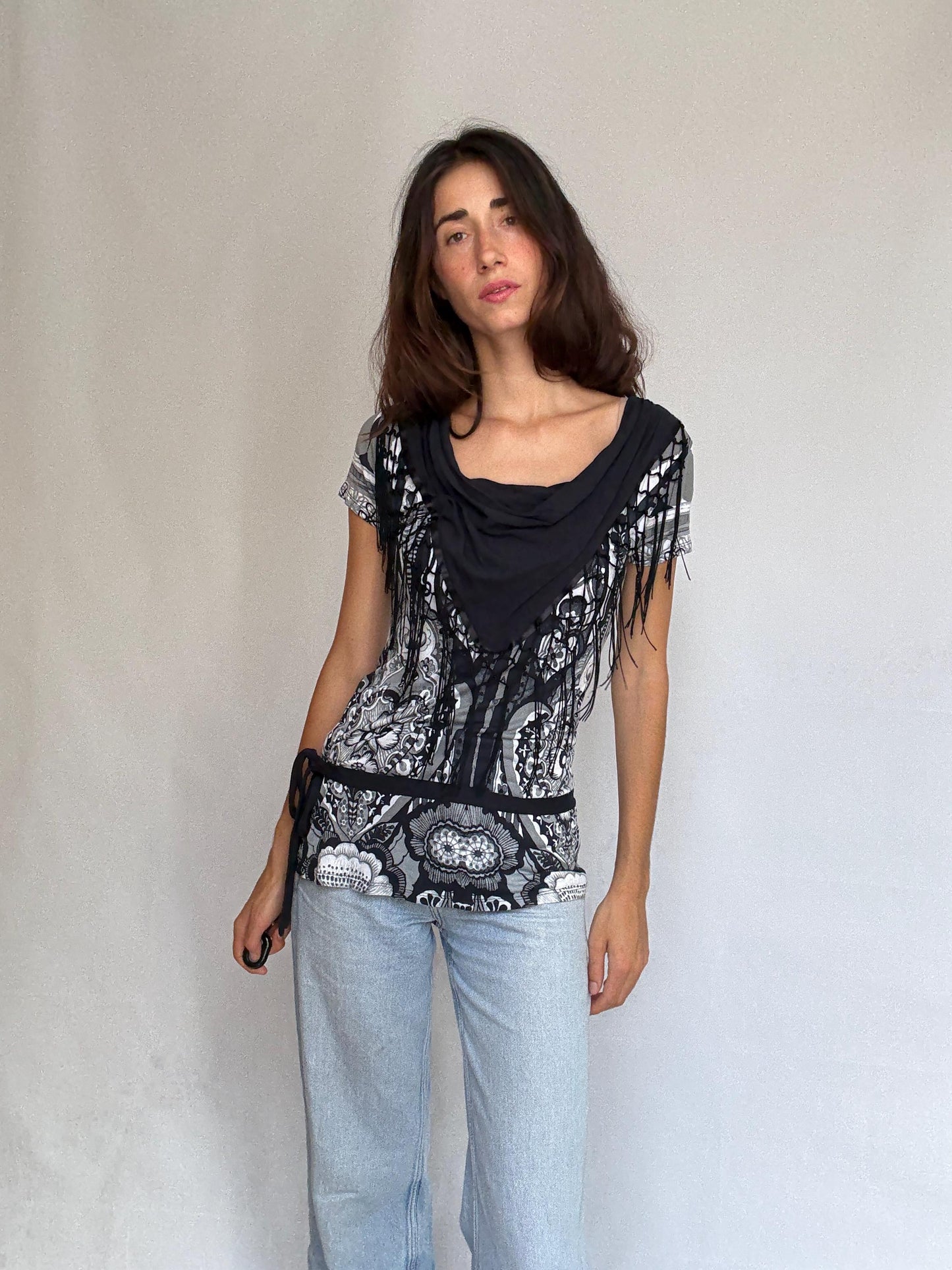Desigual black white gray patterned blouse, cotton feel, relaxed fit, fringed scarf, bohemian artistic, US XL, casual versatile