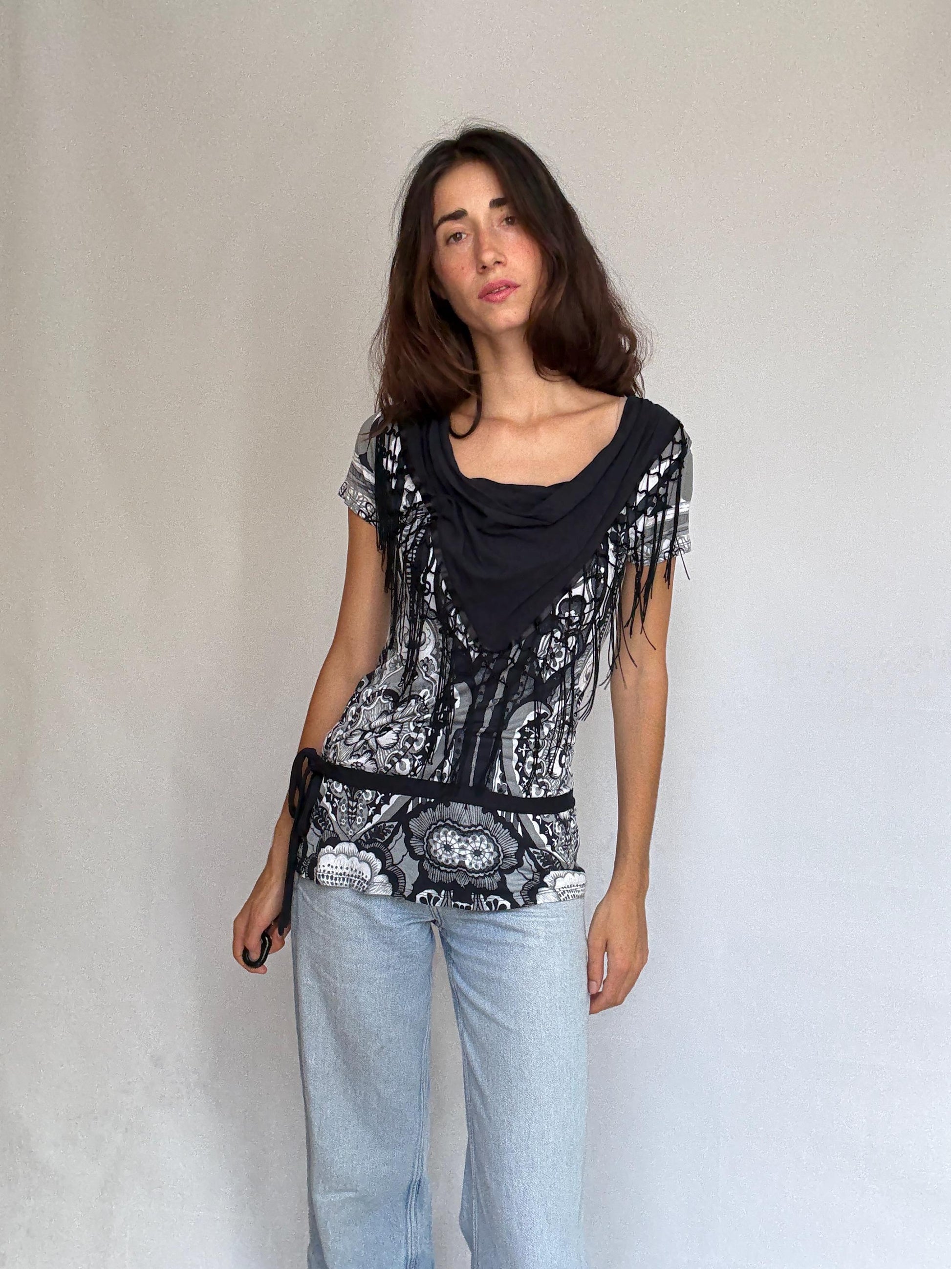 Desigual black white gray patterned blouse, cotton feel, relaxed fit, fringed scarf, bohemian artistic, US XL, casual versatile