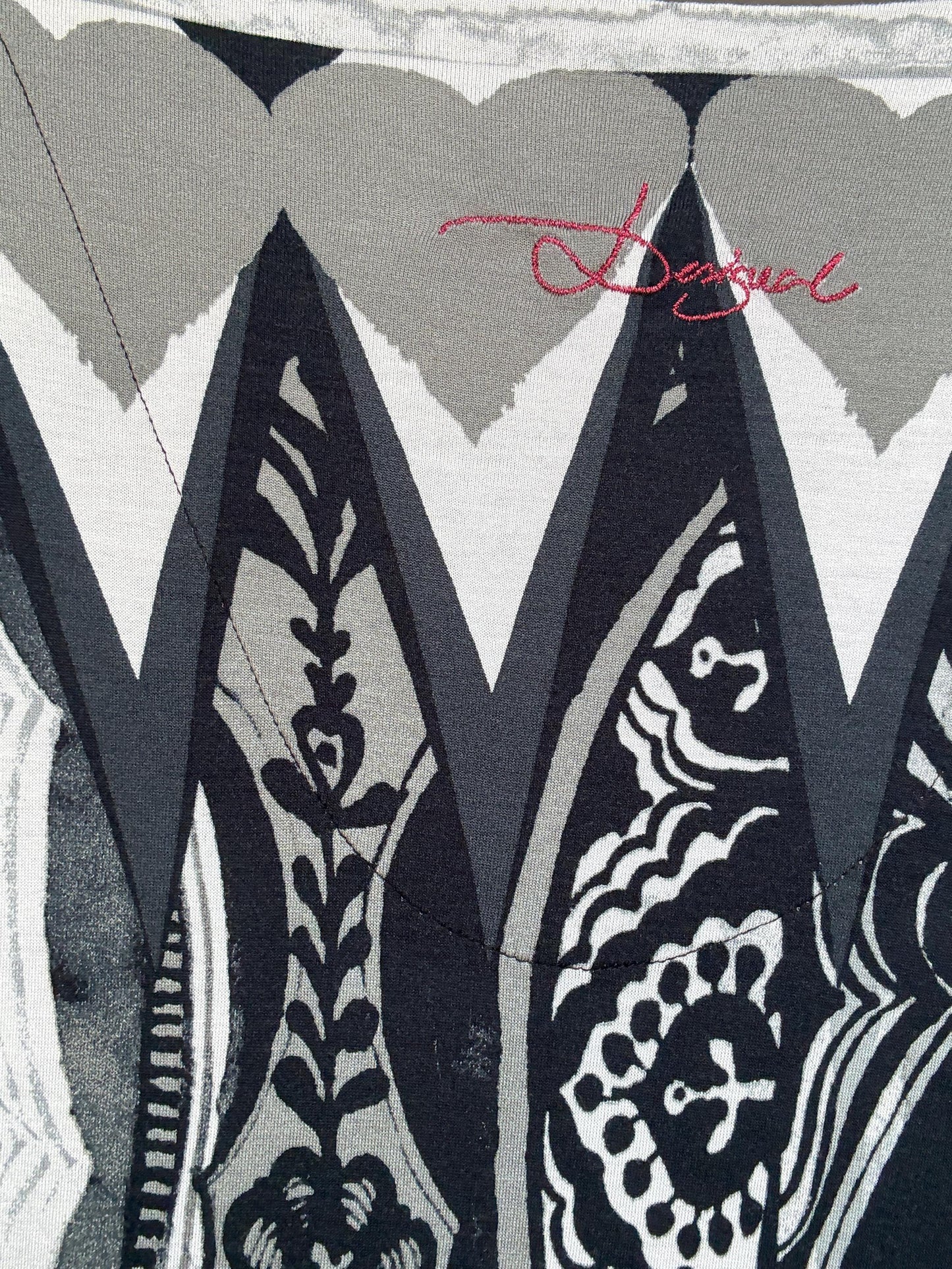 Desigual black white gray patterned blouse, cotton feel, relaxed fit, fringed scarf, bohemian artistic, US XL, casual versatile