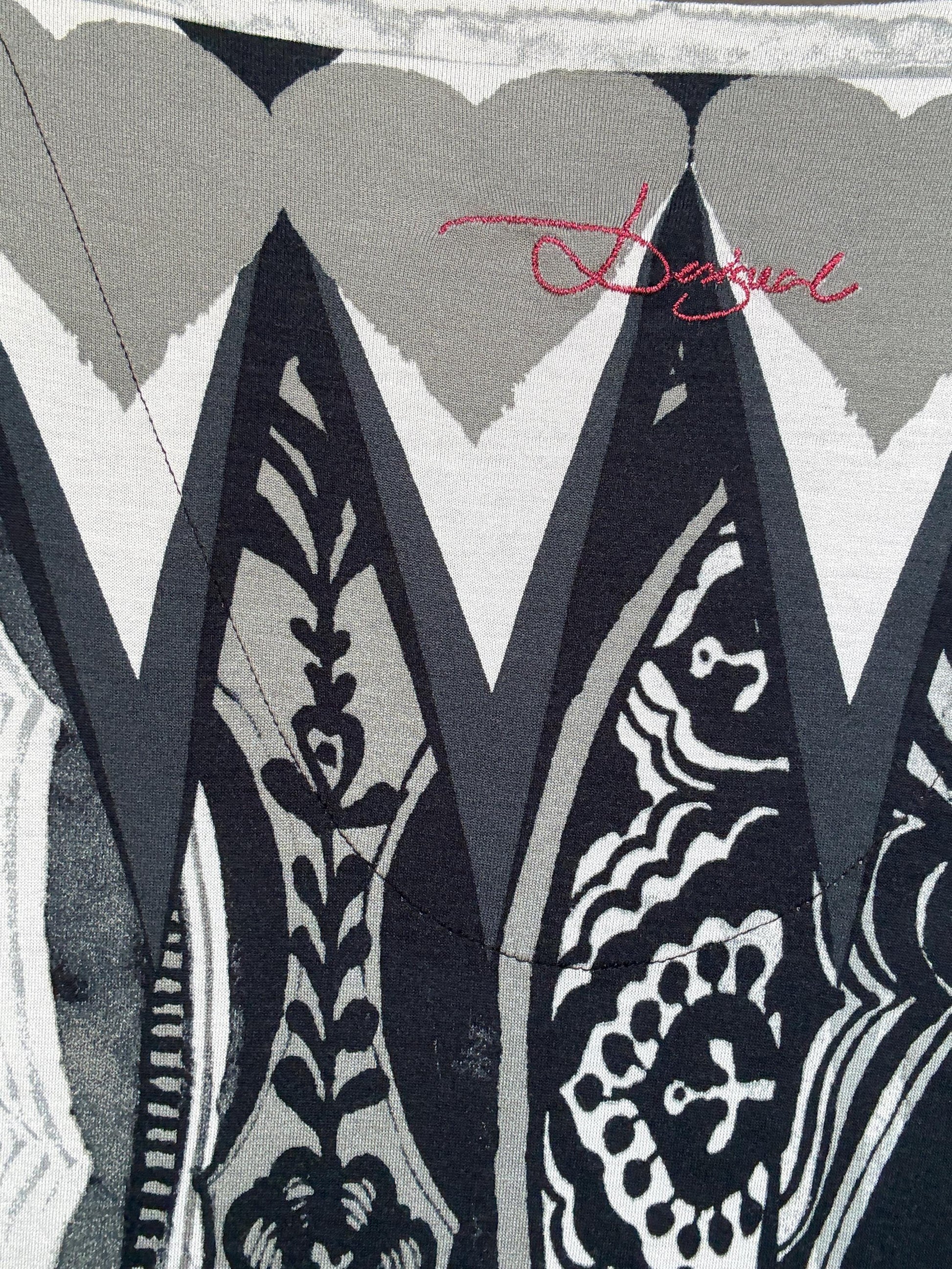 Desigual black white gray patterned blouse, cotton feel, relaxed fit, fringed scarf, bohemian artistic, US XL, casual versatile