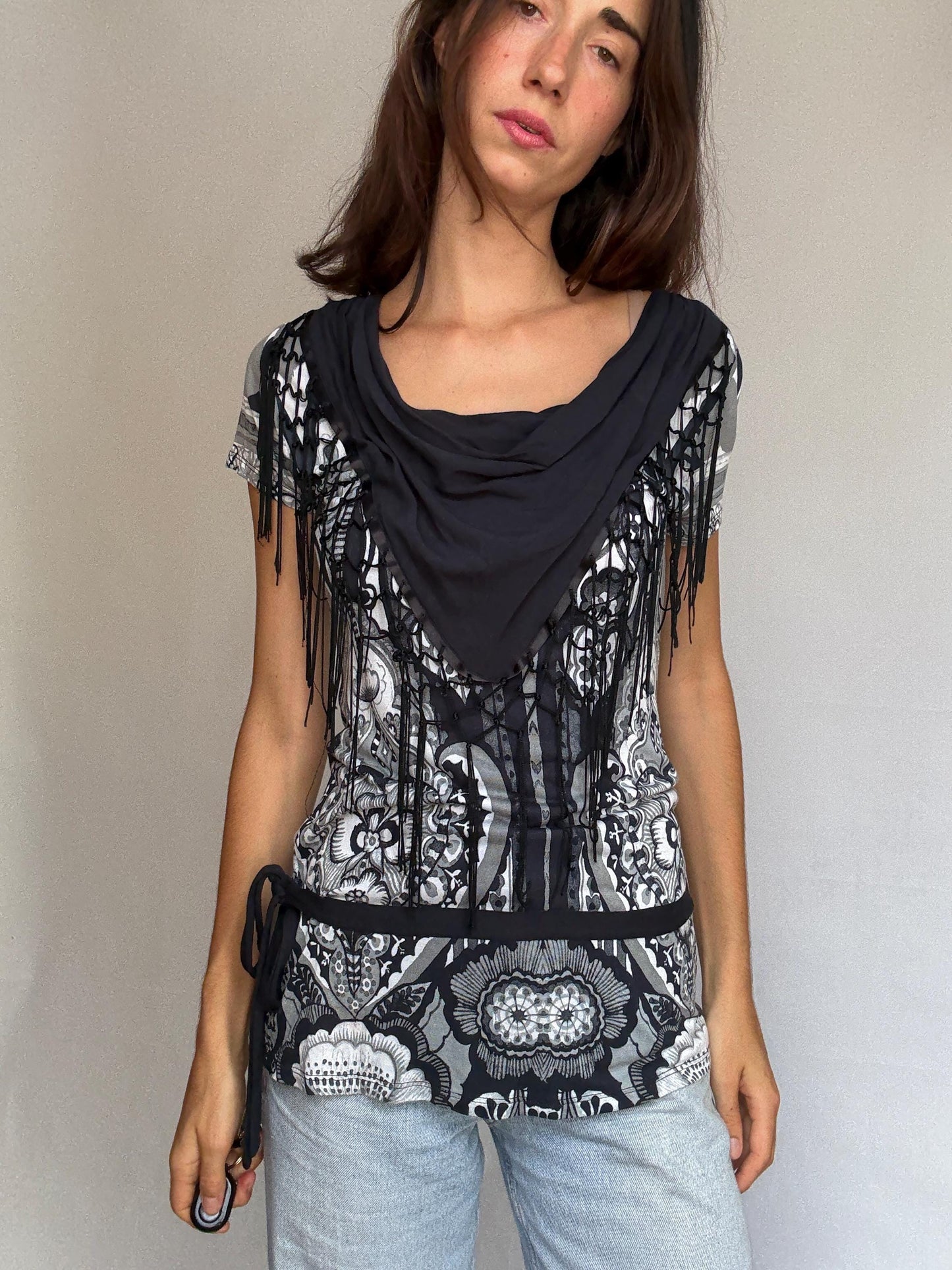 Desigual black white gray patterned blouse, cotton feel, relaxed fit, fringed scarf, bohemian artistic, US XL, casual versatile