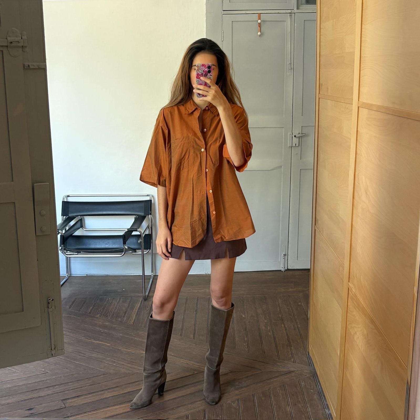 Vintage rust orange men's button up shirt, elegant formal t-shirt, retro special glossy men oxford blouse