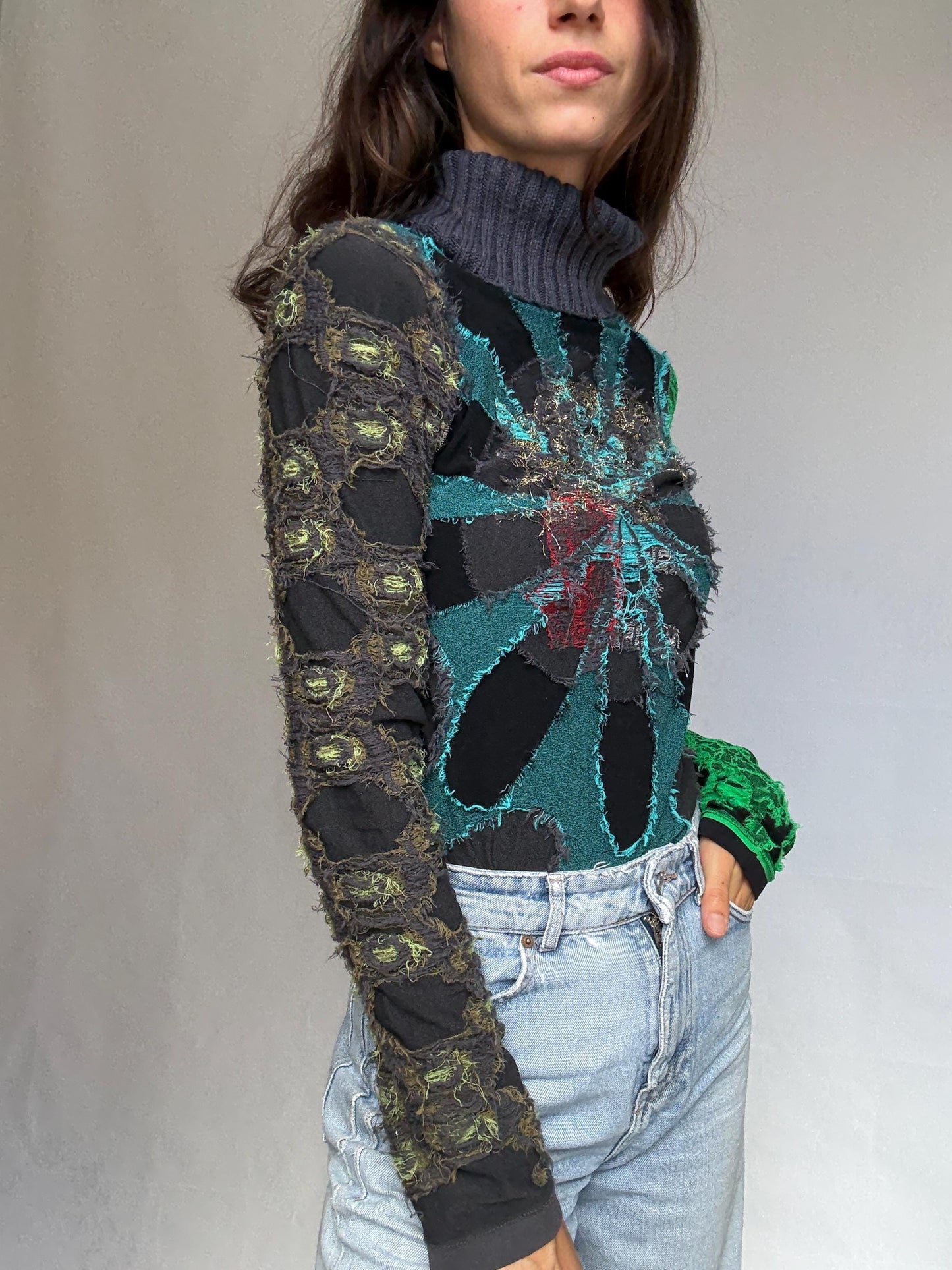 Desigual multicolor turtleneck sweater, cotton feel, relaxed fit, patchwork design, eclectic style, indie, sleaze, US M, artful streetwear