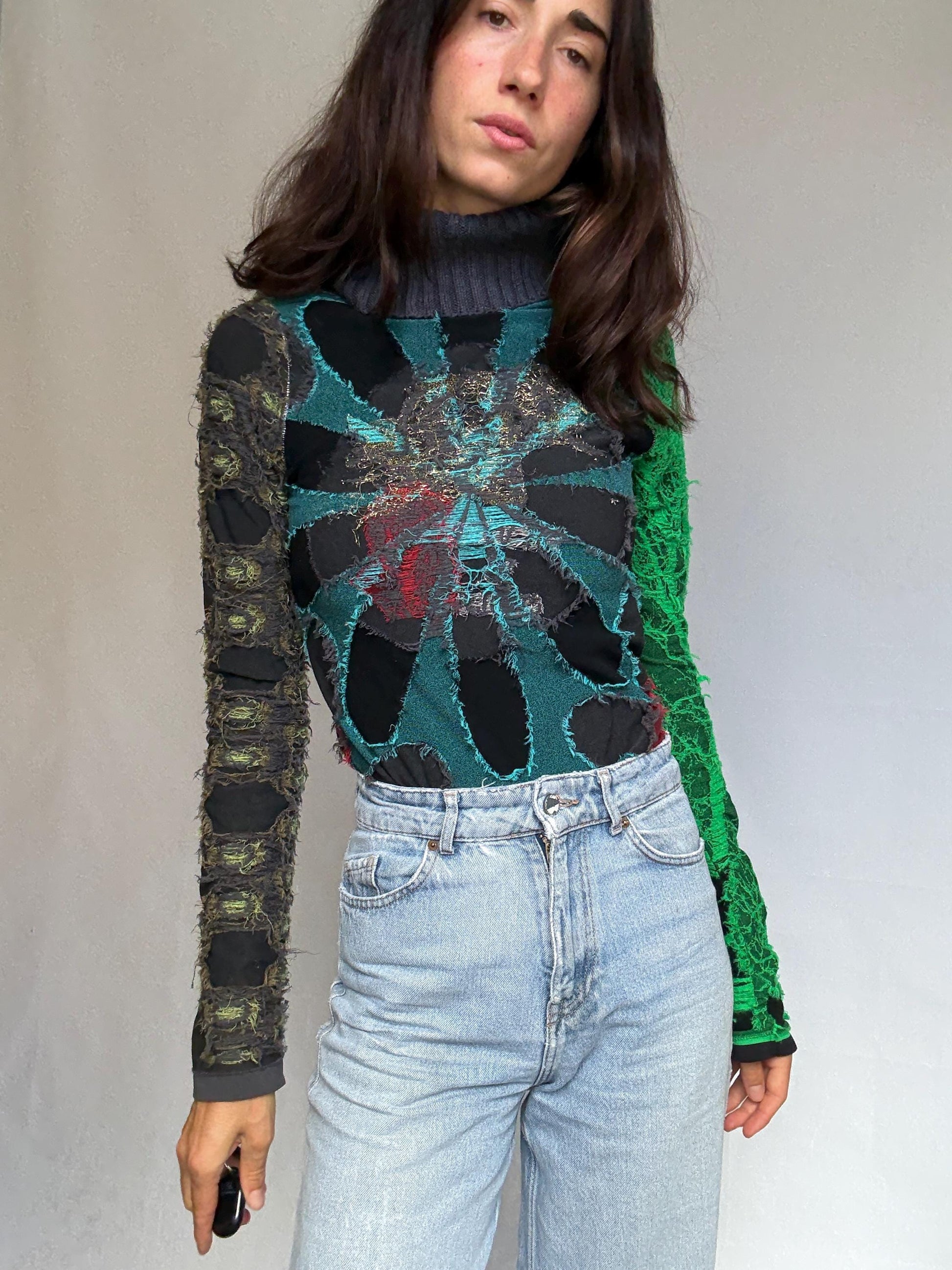 Desigual multicolor turtleneck sweater, cotton feel, relaxed fit, patchwork design, eclectic style, indie, sleaze, US M, artful streetwear