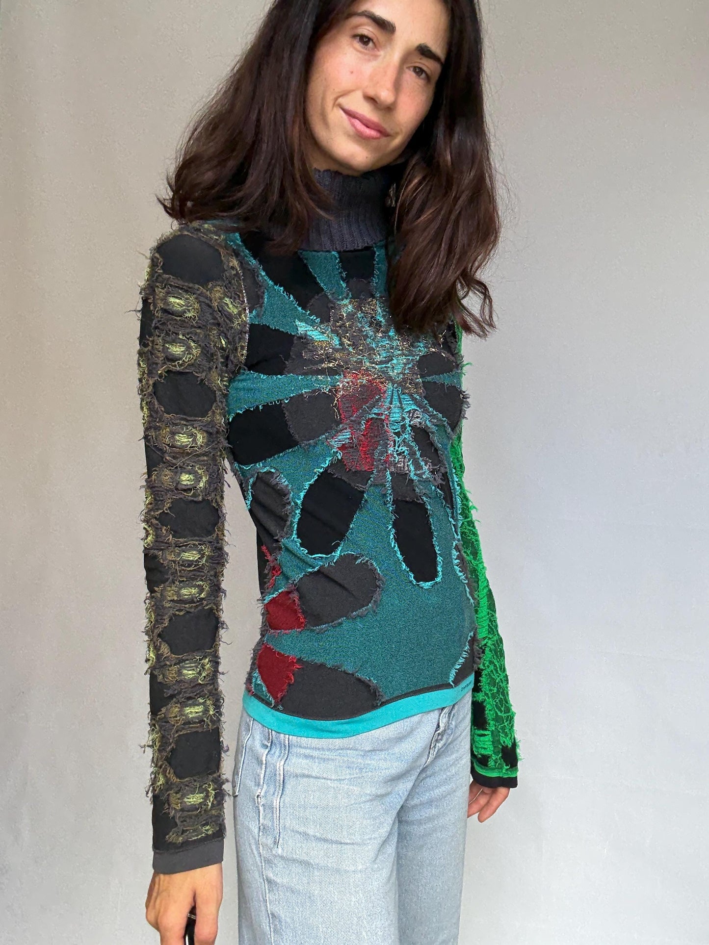 Desigual multicolor turtleneck sweater, cotton feel, relaxed fit, patchwork design, eclectic style, indie, sleaze, US M, artful streetwear