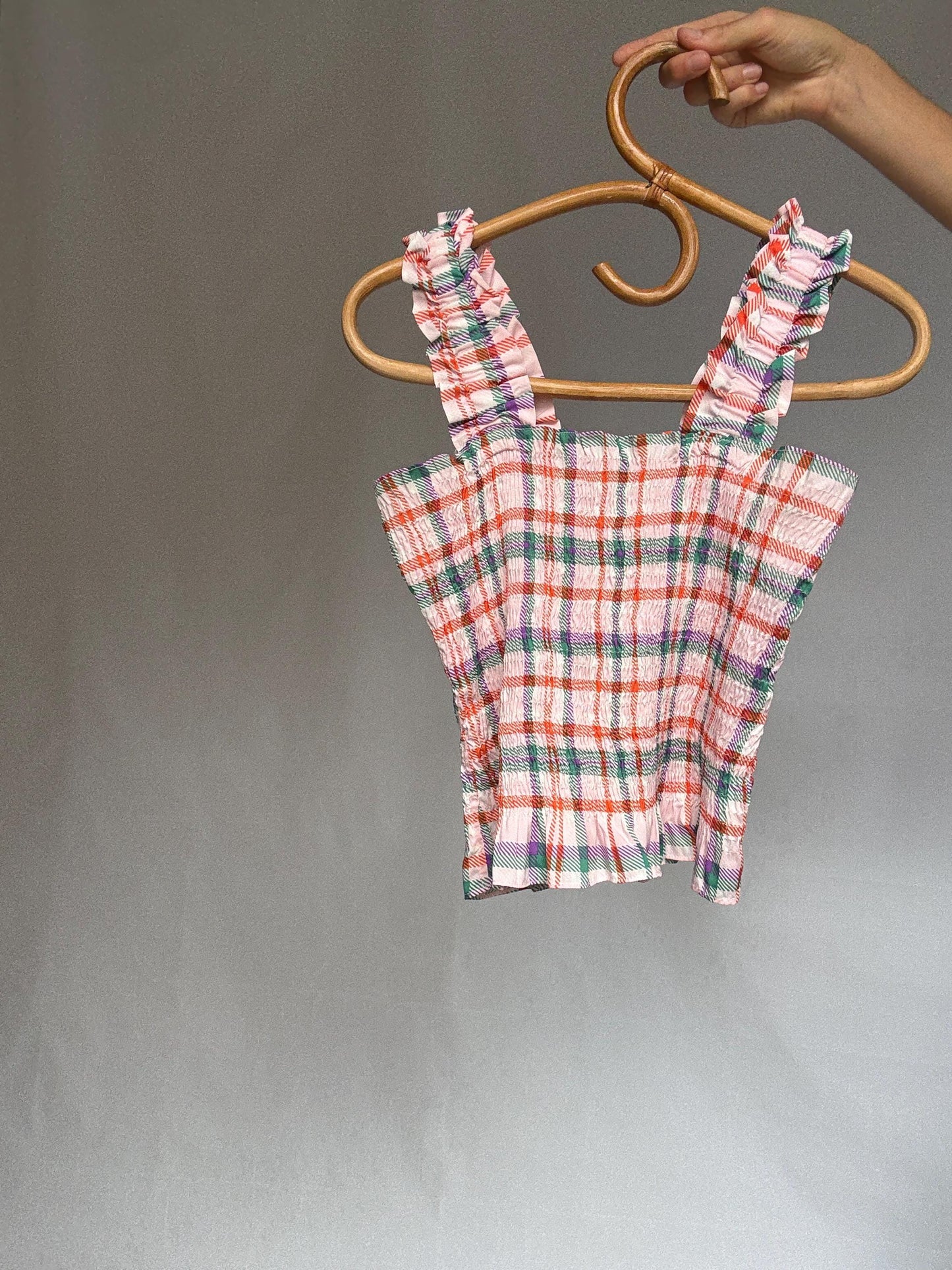 Colorful plaid sleeveless top, cotton feel, square neckline, ruffled straps, vibrant design, casual feminine vibe, US XS, summer festival