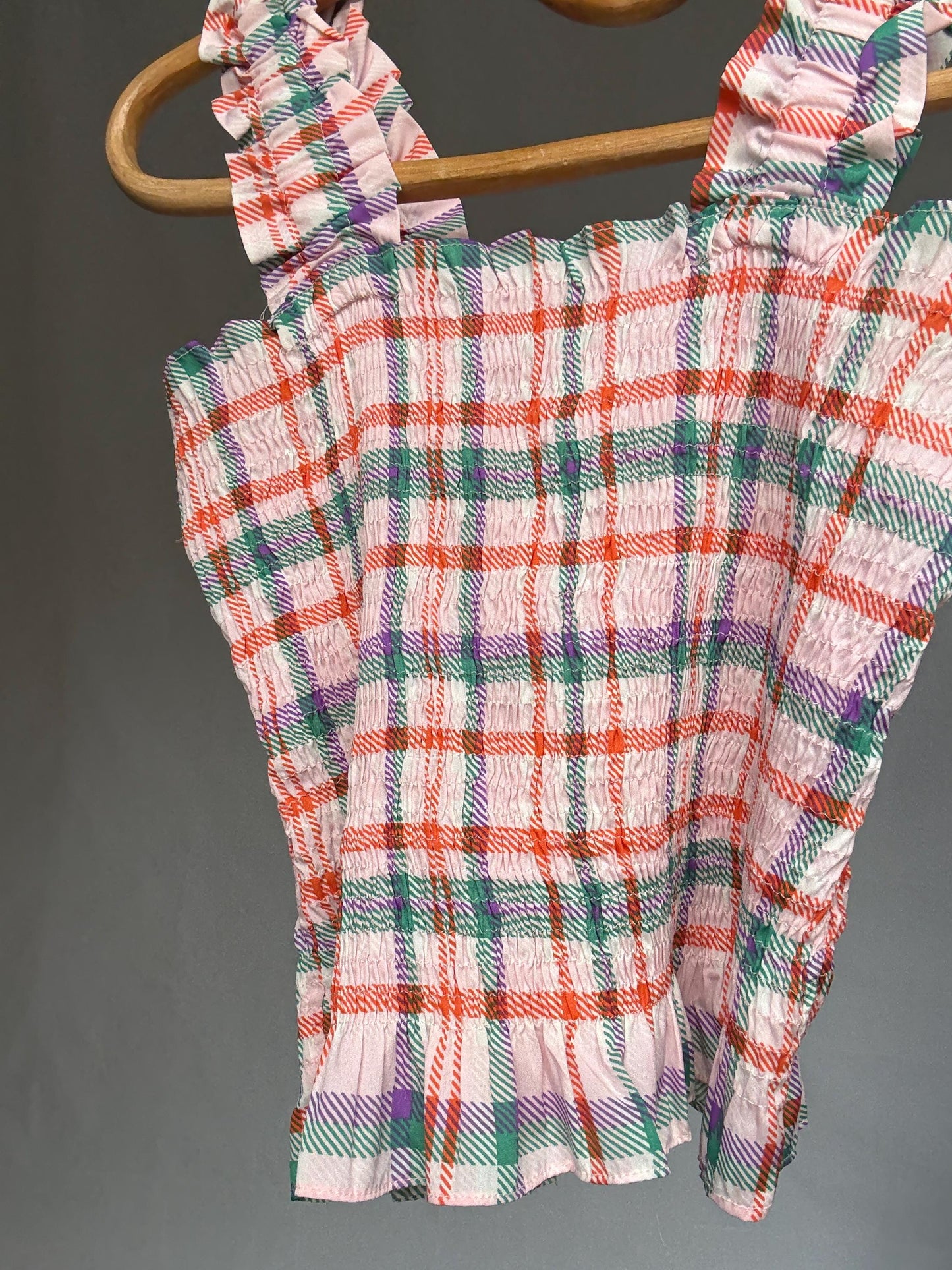 Colorful plaid sleeveless top, cotton feel, square neckline, ruffled straps, vibrant design, casual feminine vibe, US XS, summer festival