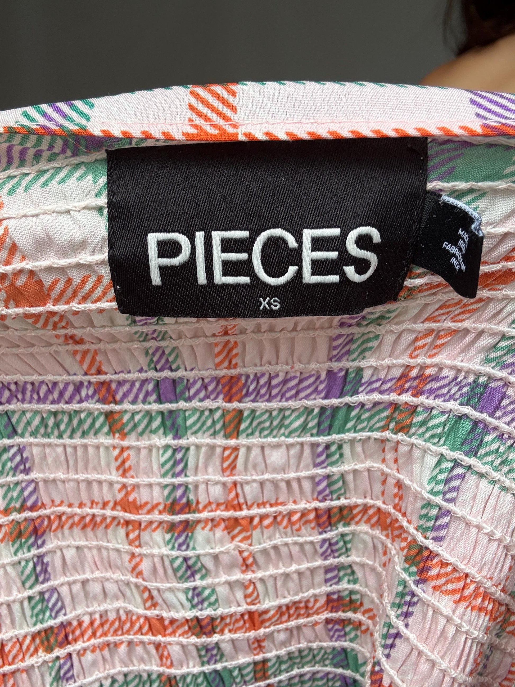 Colorful plaid sleeveless top, cotton feel, square neckline, ruffled straps, vibrant design, casual feminine vibe, US XS, summer festival