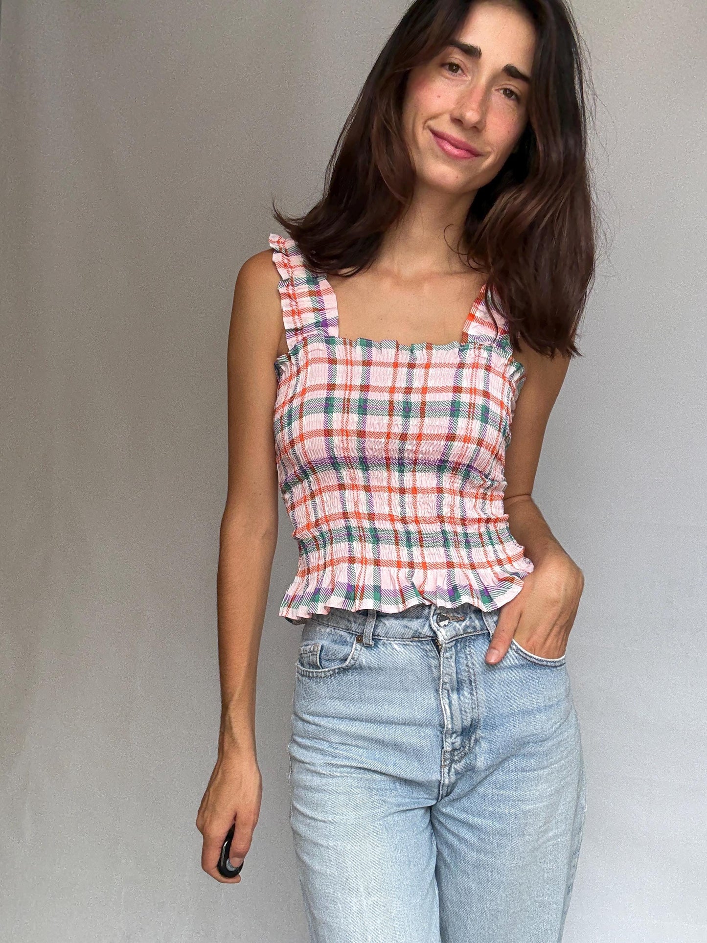 Colorful plaid sleeveless top, cotton feel, square neckline, ruffled straps, vibrant design, casual feminine vibe, US XS, summer festival