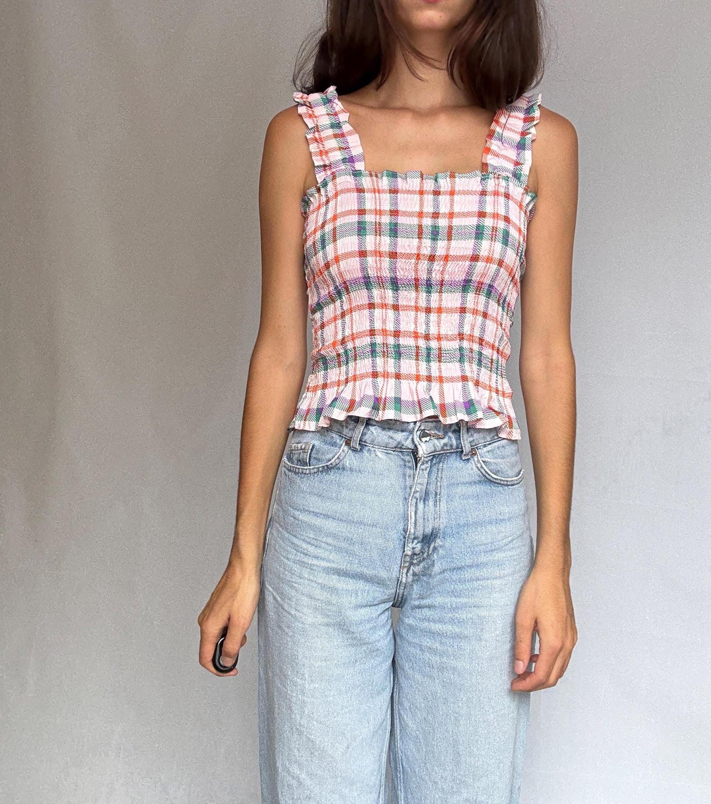 Colorful plaid sleeveless top, cotton feel, square neckline, ruffled straps, vibrant design, casual feminine vibe, US XS, summer festival