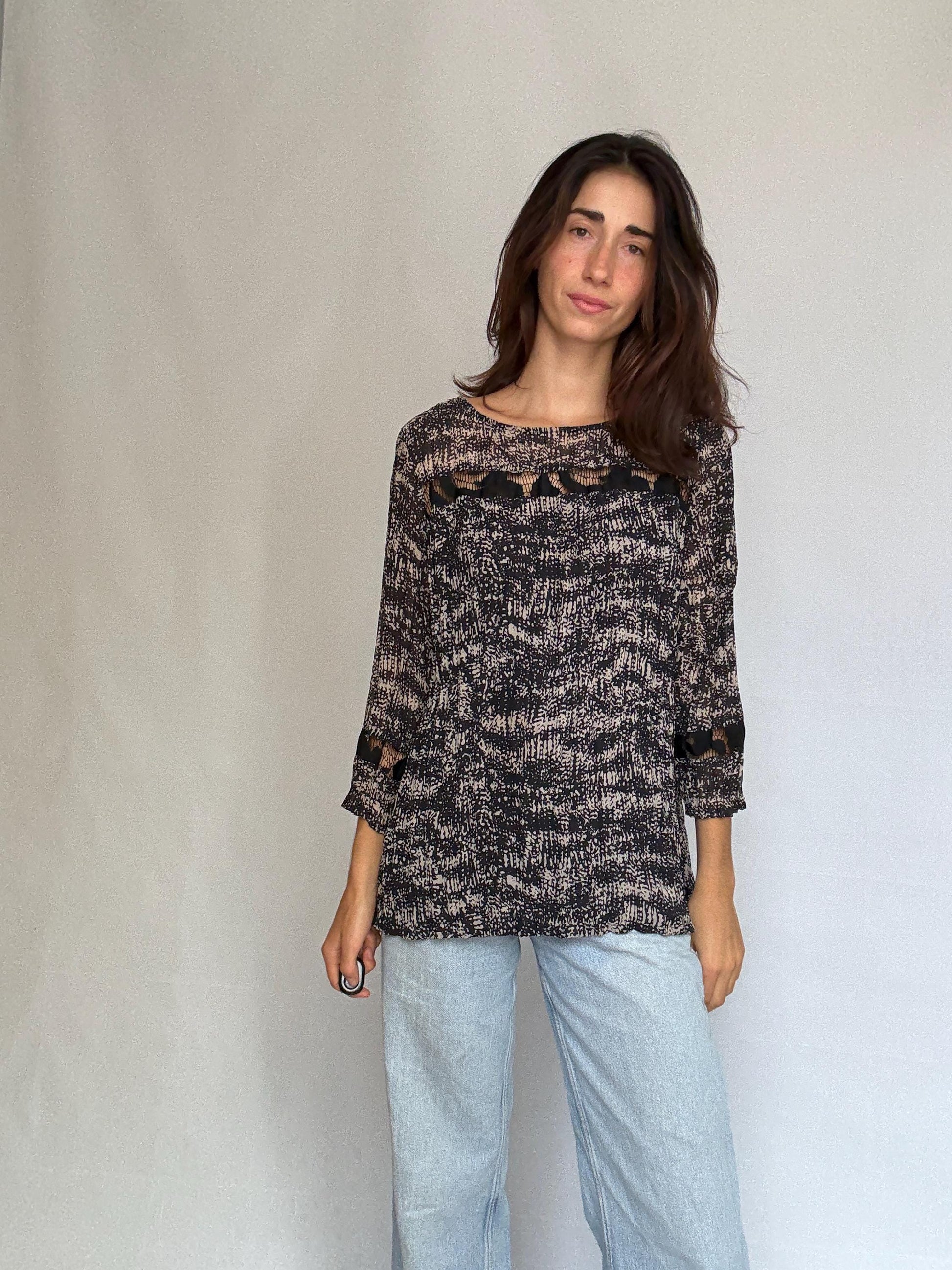 Adolfo Dominguez black and white top, cotton feel, relaxed fit, ruffle embellishments, minimalist style, US L, casual chic