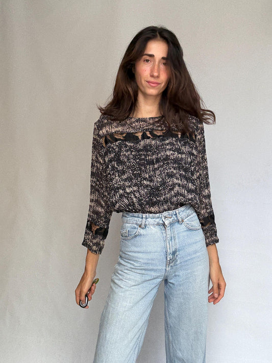 Adolfo Dominguez black and white top, cotton feel, relaxed fit, ruffle embellishments, minimalist style, US L, casual chic