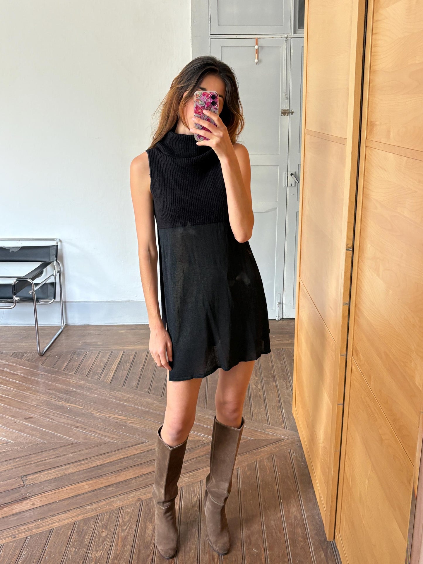 Vintage Black Sarah Pacini Turtleneck Tunic Top – Minimalist High Neck Wool Blend – Layered Sheer Mini Dress Look