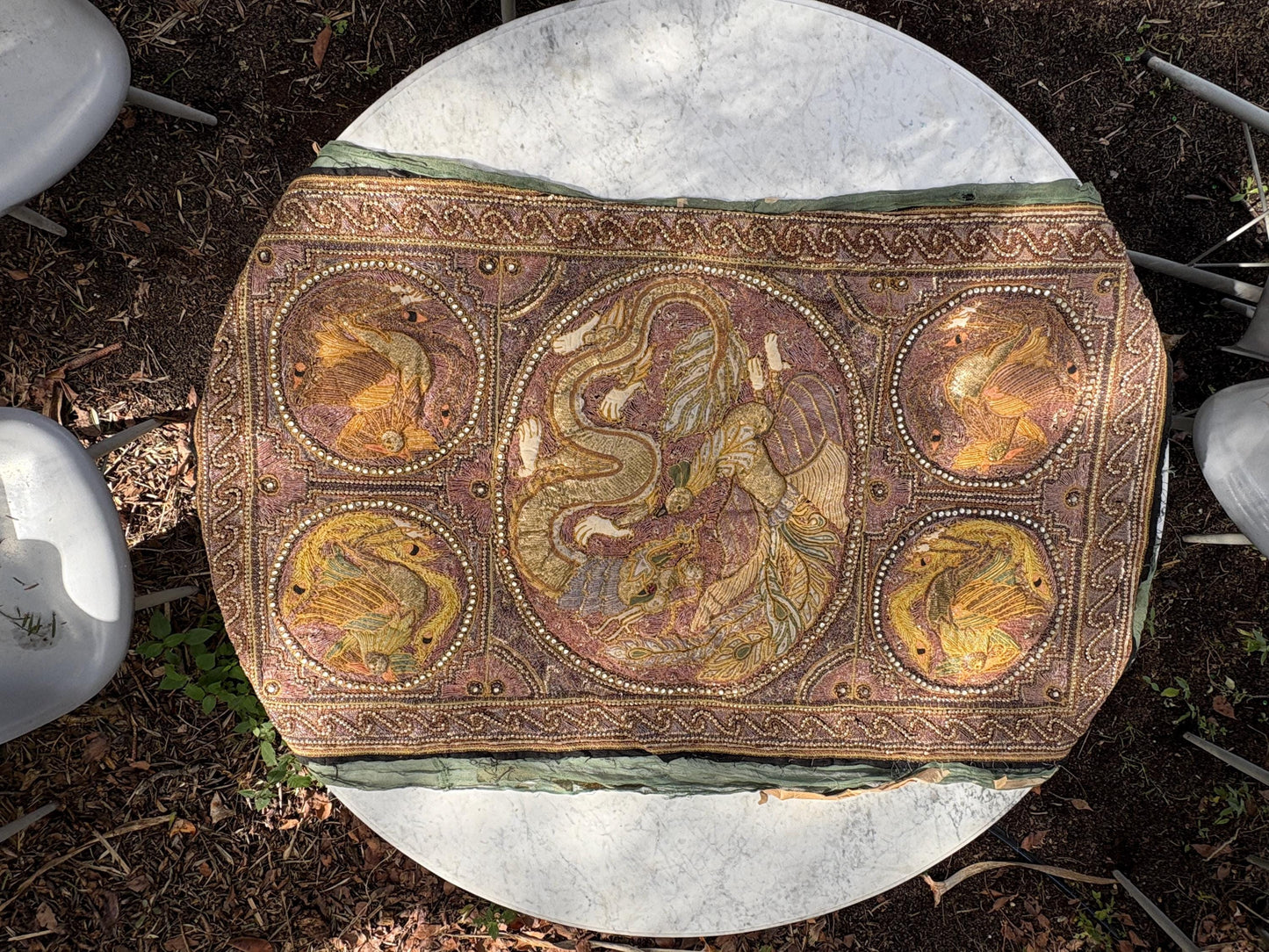 Large Antique Burmese Kalaga Tapestry – Hand-Embroidered Beaded Wall Hanging – Gold Silver Thread Dragon & Peacock – 19th/20th Century