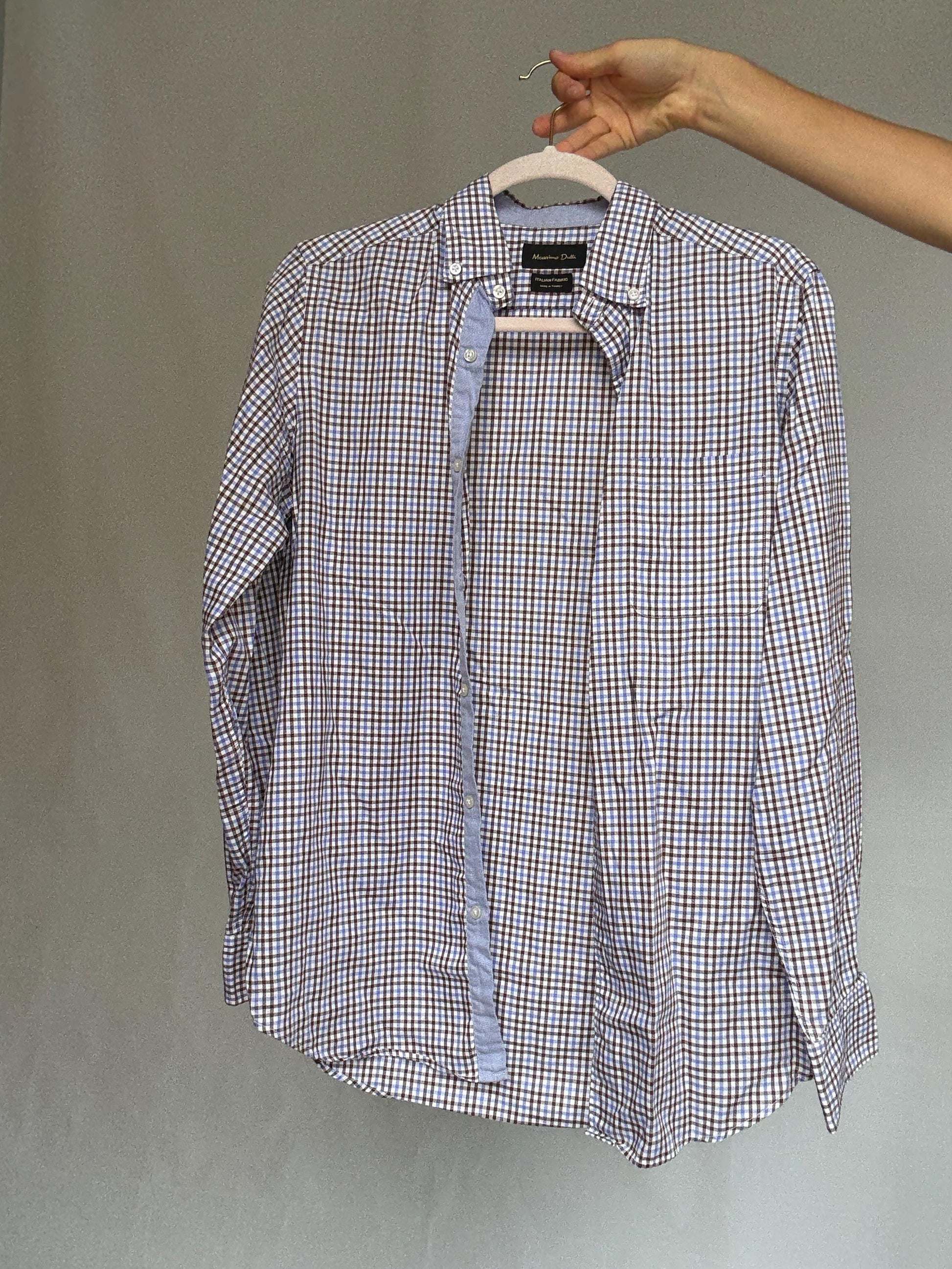 Massimo Dutti brown checkered shirt, cotton feel, relaxed fit, chest pocket, casual, US S, everyday wear