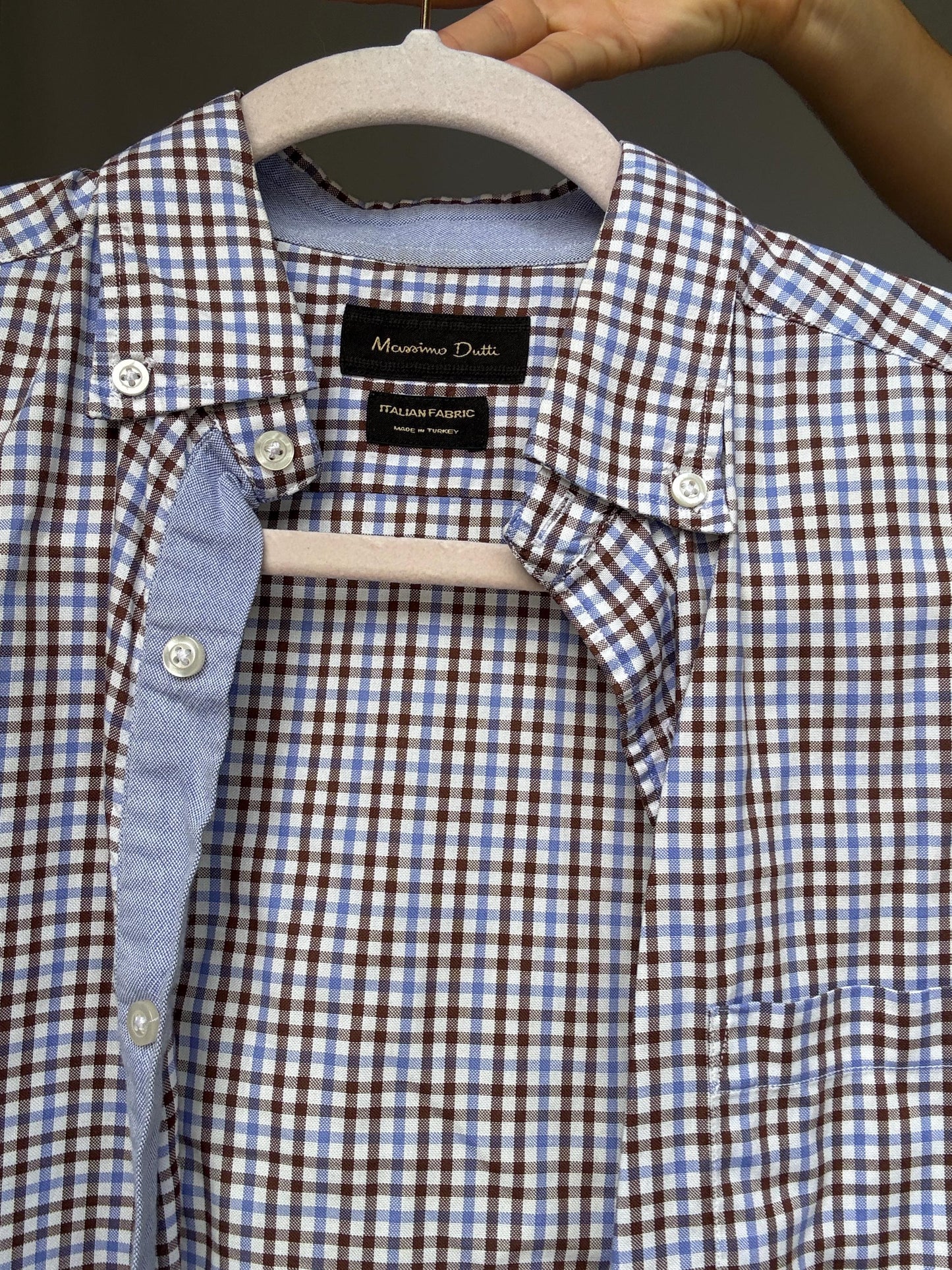 Massimo Dutti brown checkered shirt, cotton feel, relaxed fit, chest pocket, casual, US S, everyday wear