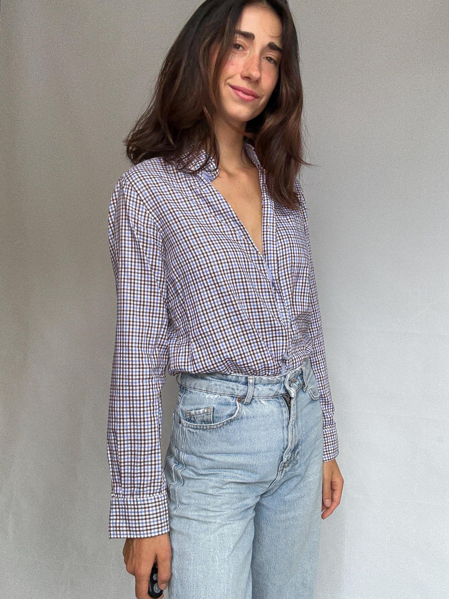 Massimo Dutti brown checkered shirt, cotton feel, relaxed fit, chest pocket, casual, US S, everyday wear