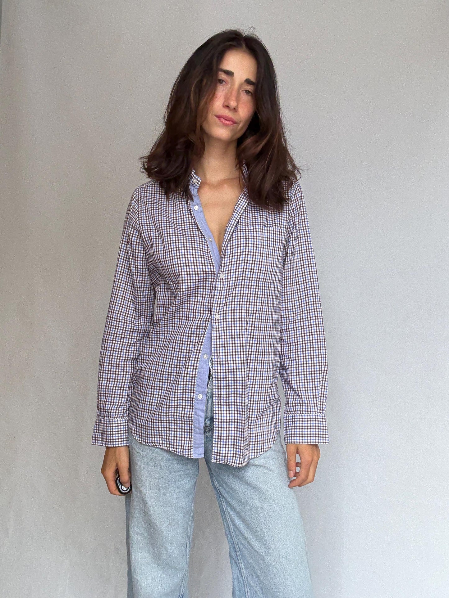 Massimo Dutti brown checkered shirt, cotton feel, relaxed fit, chest pocket, casual, US S, everyday wear
