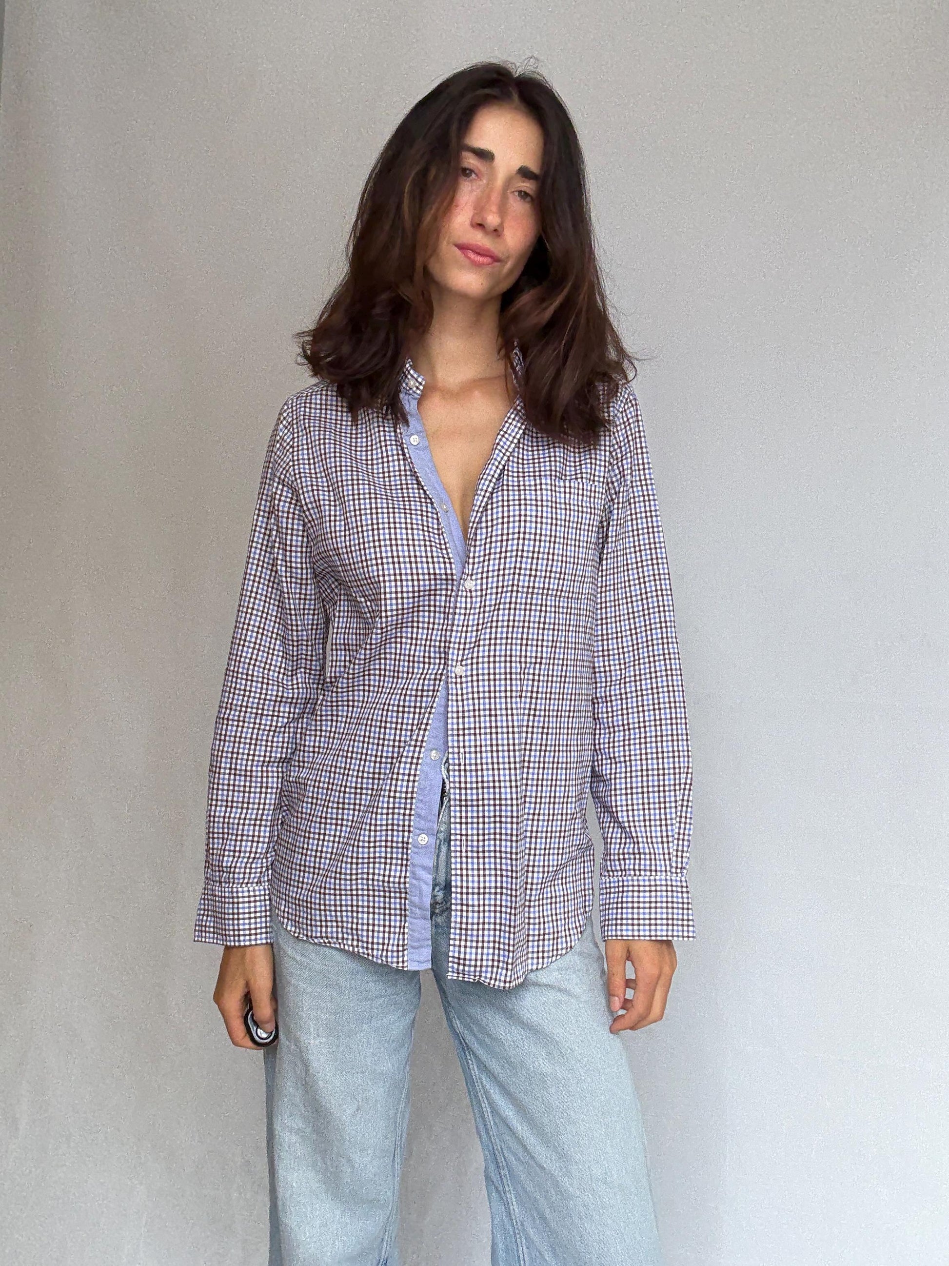Massimo Dutti brown checkered shirt, cotton feel, relaxed fit, chest pocket, casual, US S, everyday wear