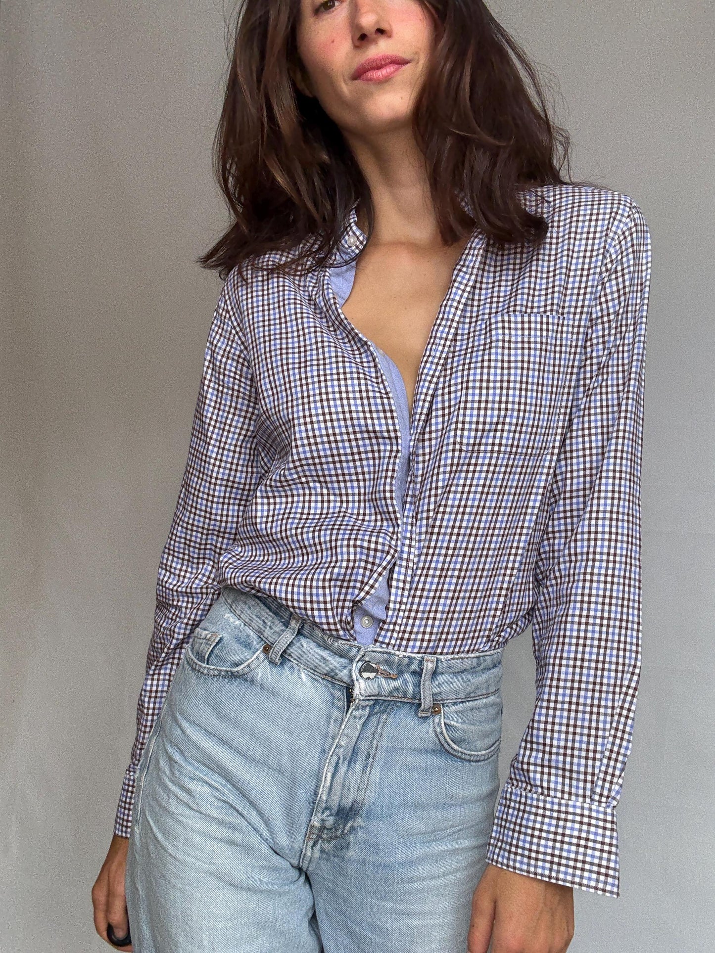 Massimo Dutti brown checkered shirt, cotton feel, relaxed fit, chest pocket, casual, US S, everyday wear