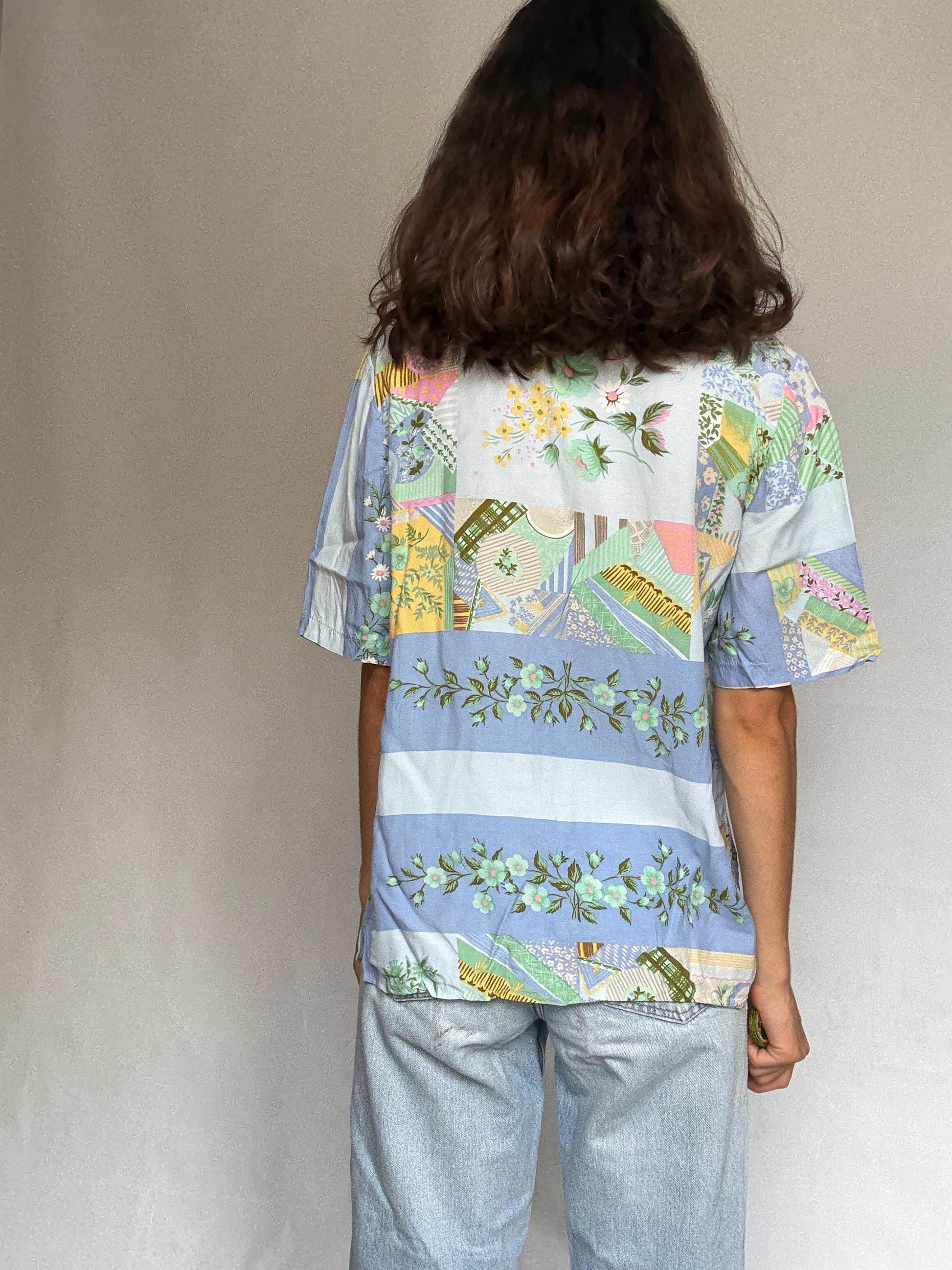 Vintage patchwork button up shirt, Relaxed fit floral and geometric motif blouse, bohemian indie spirit clothing, casual everyday wear