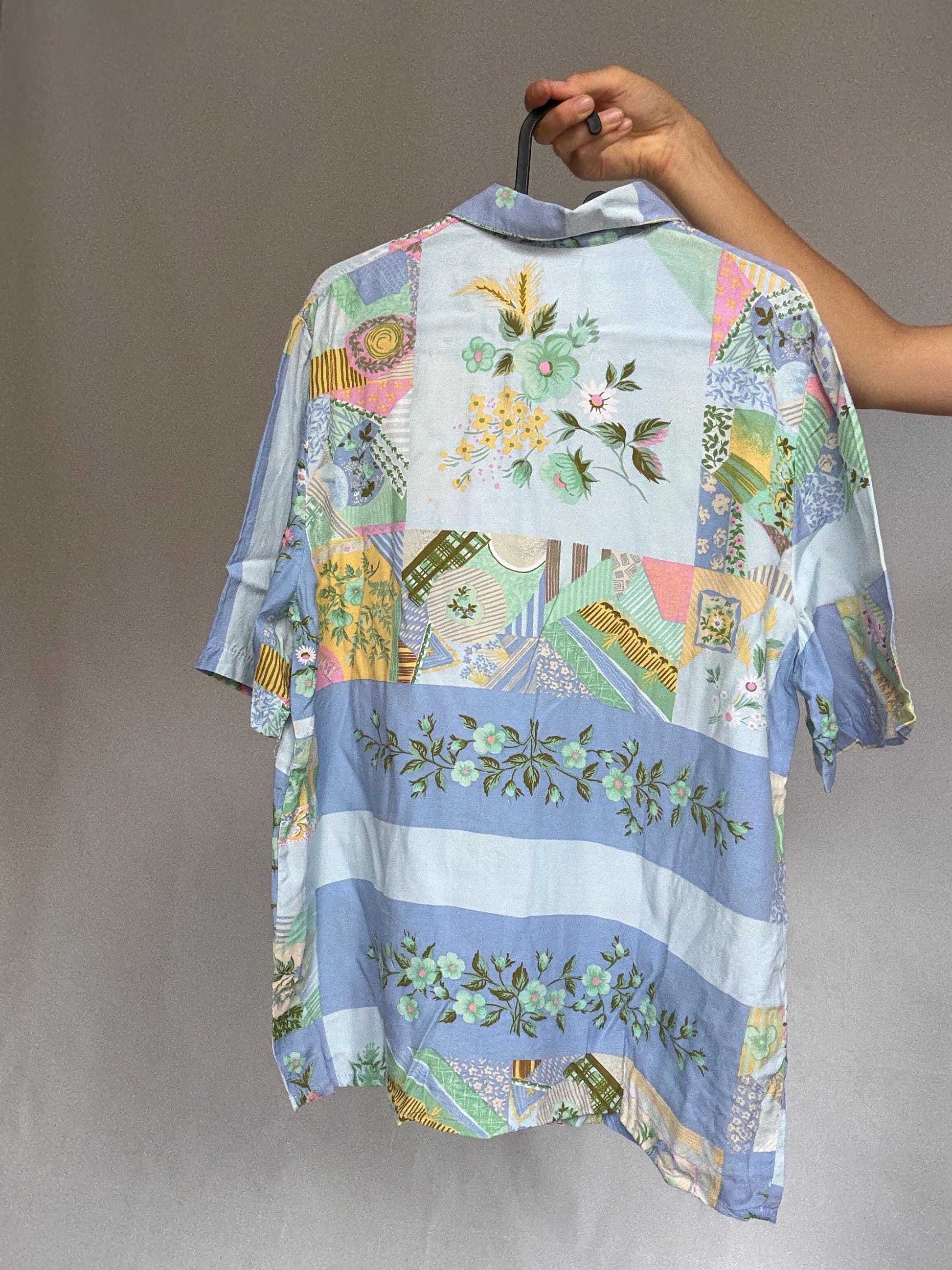 Vintage patchwork button up shirt, Relaxed fit floral and geometric motif blouse, bohemian indie spirit clothing, casual everyday wear