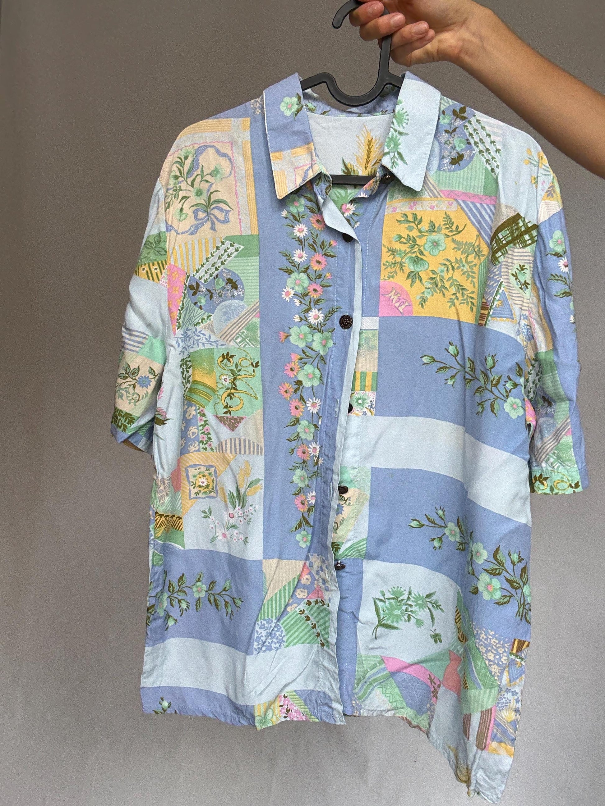 Vintage patchwork button up shirt, Relaxed fit floral and geometric motif blouse, bohemian indie spirit clothing, casual everyday wear