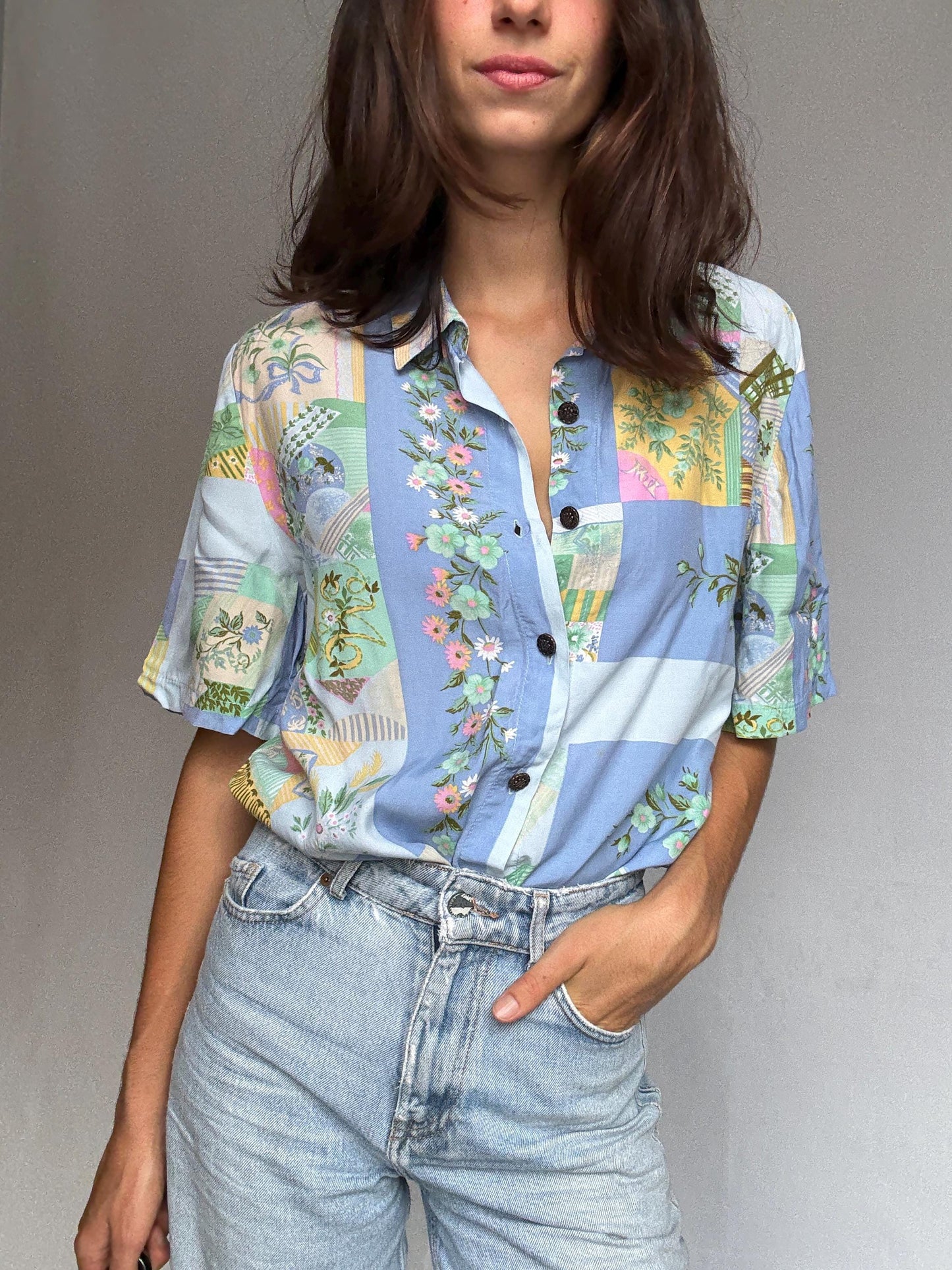Vintage patchwork button up shirt, Relaxed fit floral and geometric motif blouse, bohemian indie spirit clothing, casual everyday wear