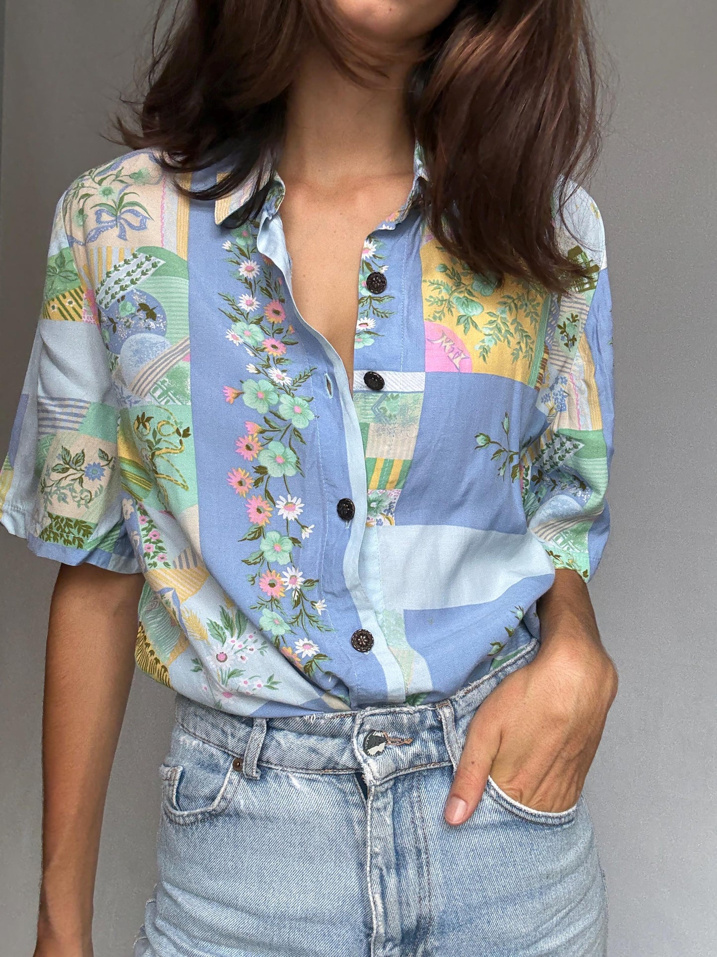 Vintage patchwork button up shirt, Relaxed fit floral and geometric motif blouse, bohemian indie spirit clothing, casual everyday wear