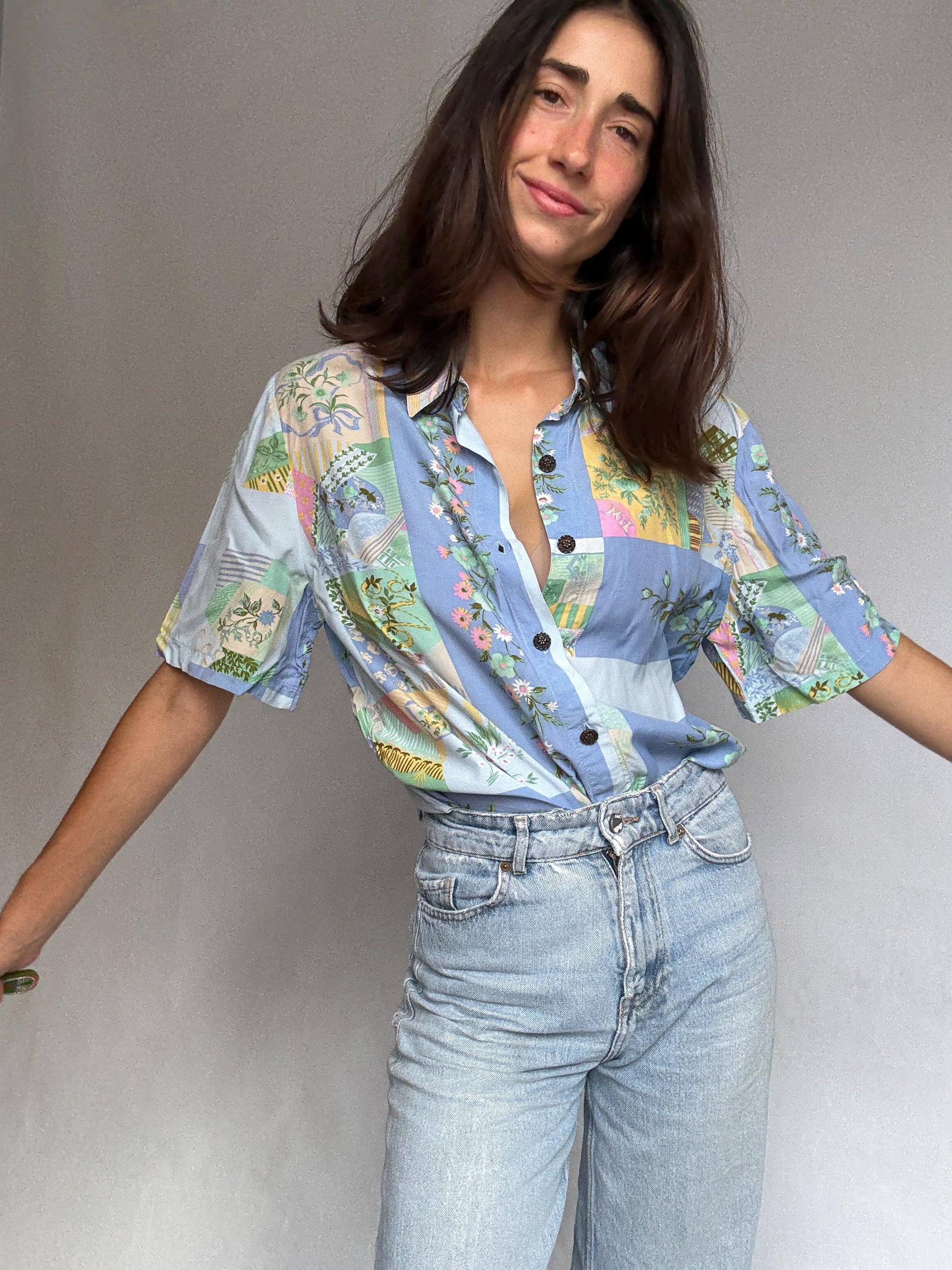 Vintage patchwork button up shirt, Relaxed fit floral and geometric motif blouse, bohemian indie spirit clothing, casual everyday wear