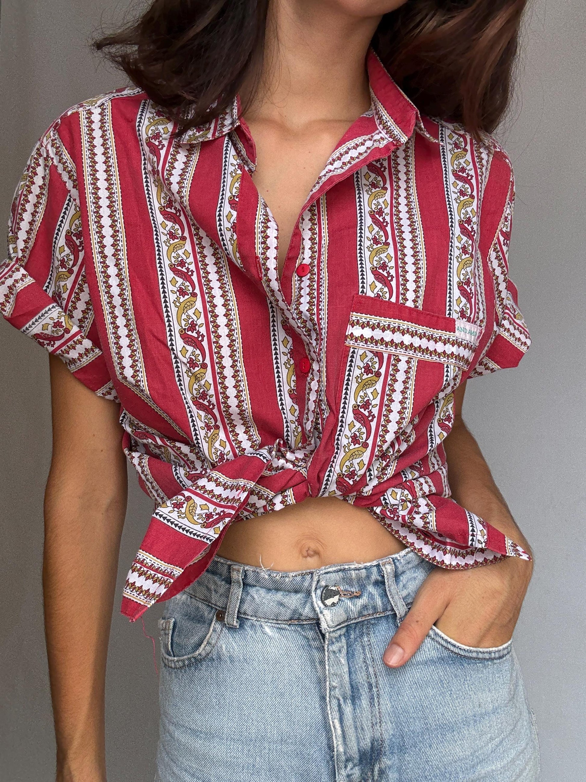 Vintage red patterned button, up shirt, cotton feel, relaxed fit, collared neckline, vibrant stripe and floral motif, bohemian vibe, US M