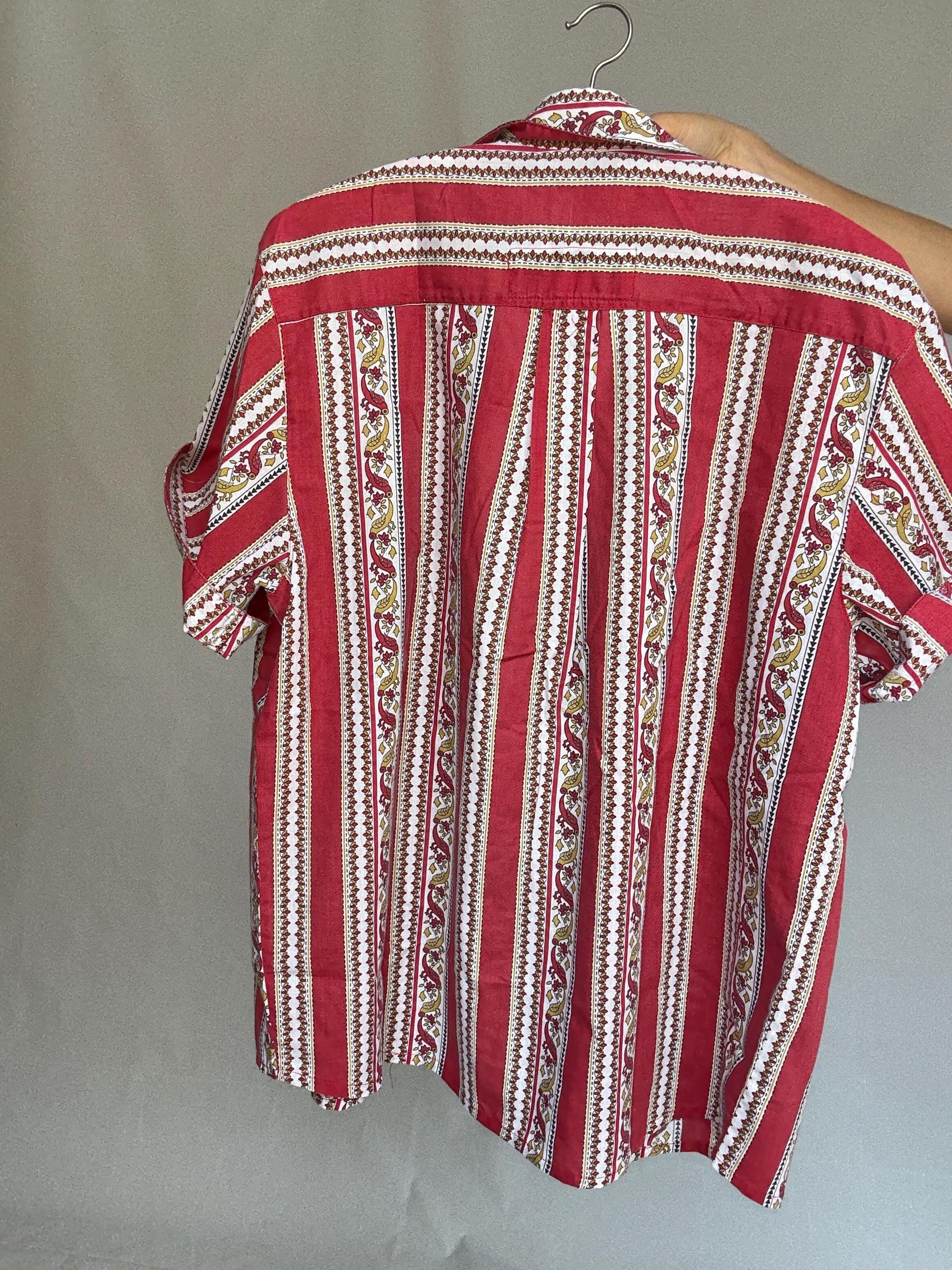 Vintage red patterned button, up shirt, cotton feel, relaxed fit, collared neckline, vibrant stripe and floral motif, bohemian vibe, US M