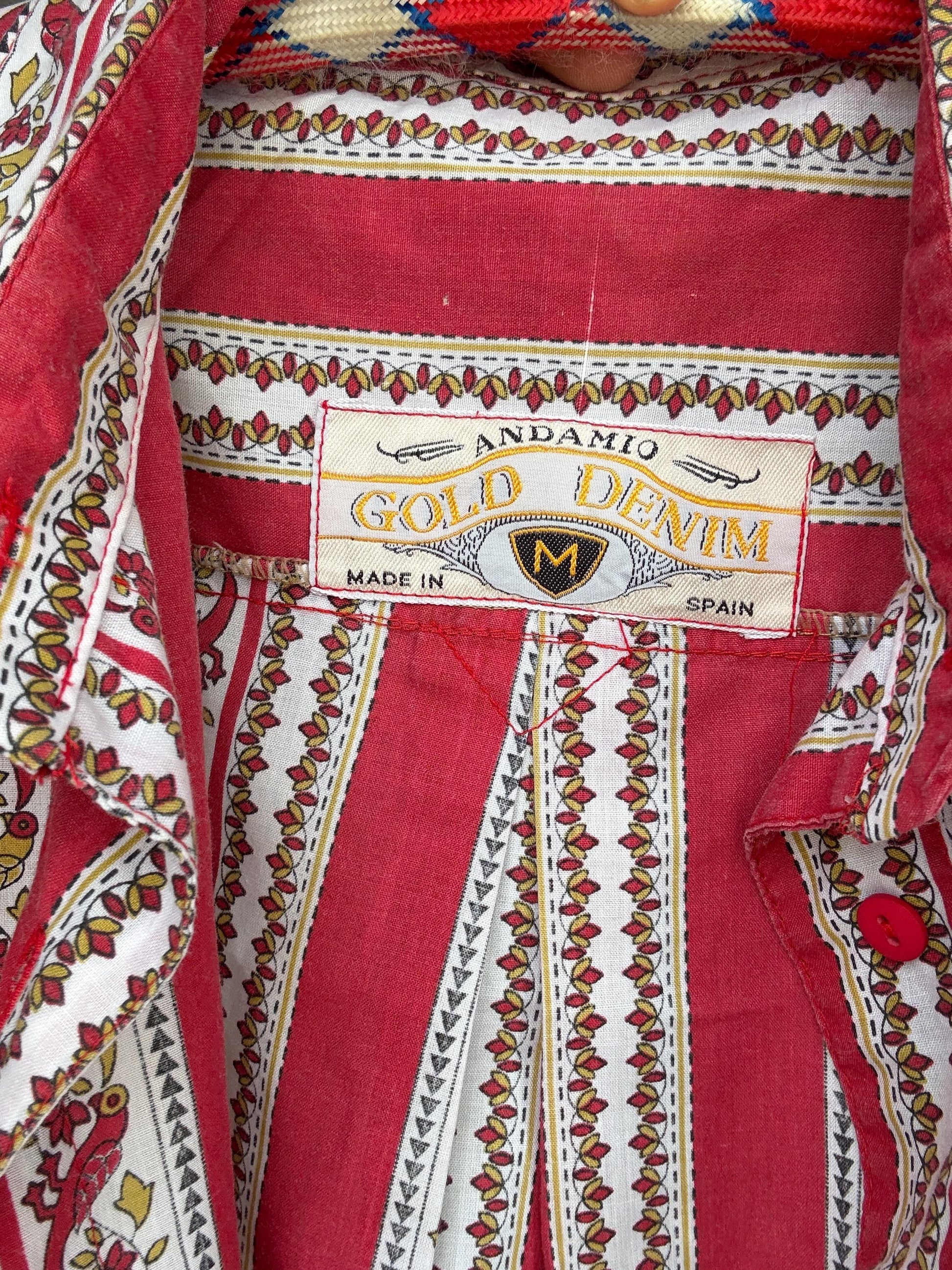 Vintage red patterned button, up shirt, cotton feel, relaxed fit, collared neckline, vibrant stripe and floral motif, bohemian vibe, US M