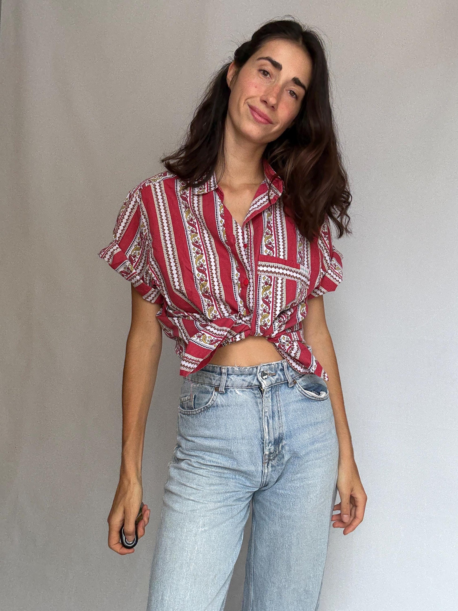 Vintage red patterned button, up shirt, cotton feel, relaxed fit, collared neckline, vibrant stripe and floral motif, bohemian vibe, US M